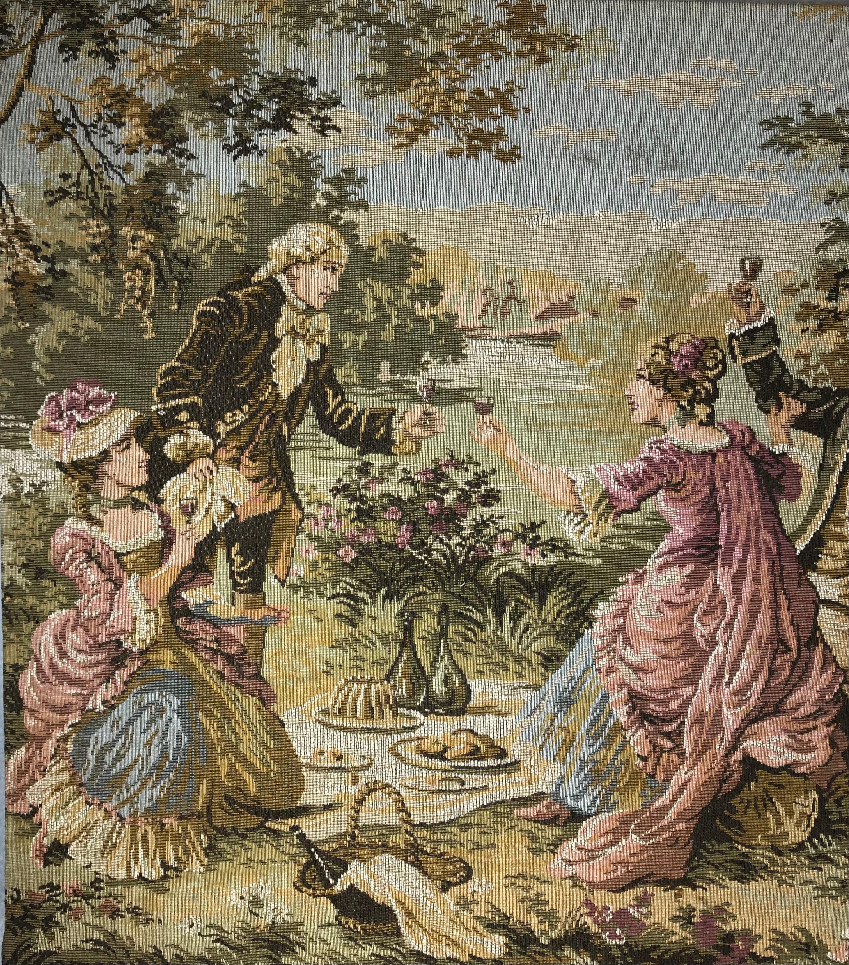 Gran tapiz francés de Aubusson Jacquard que representa una escena pastoral y romántica en venta 1