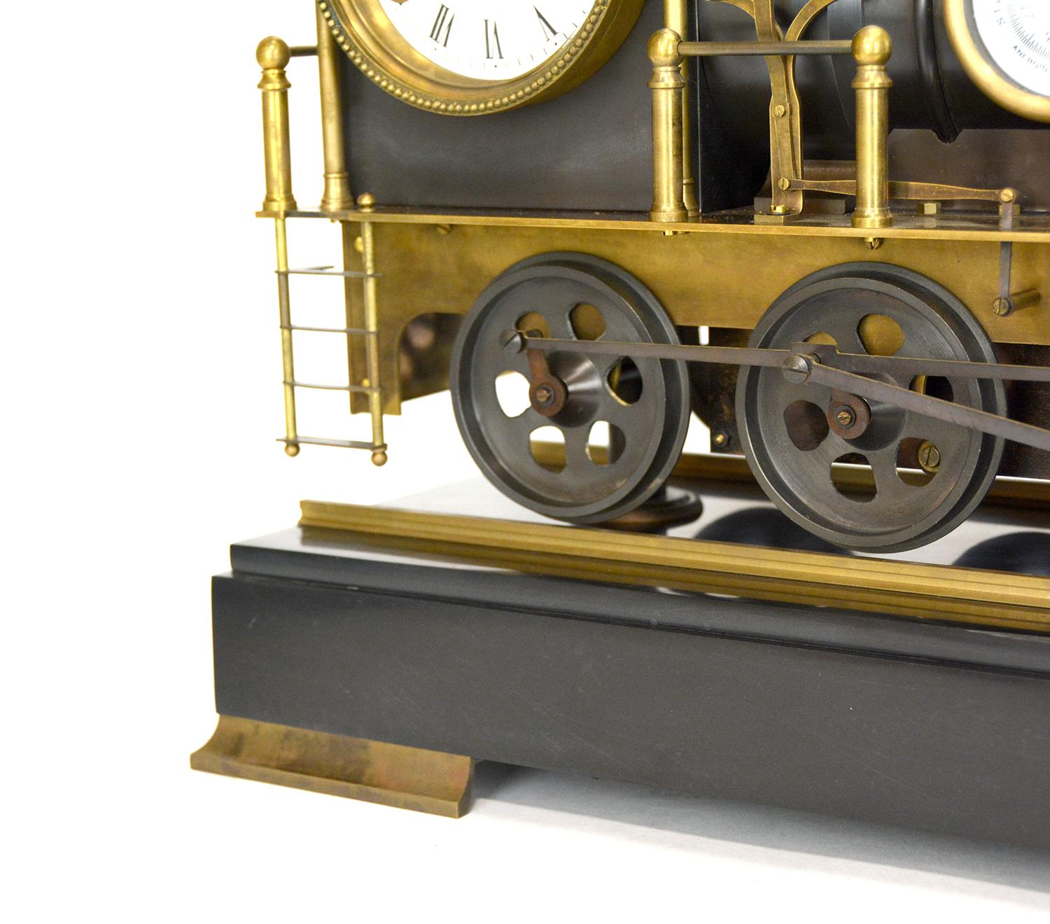 Large French Automaton Locomotive Industrial Train Clock with Spinning Wheels For Sale 5