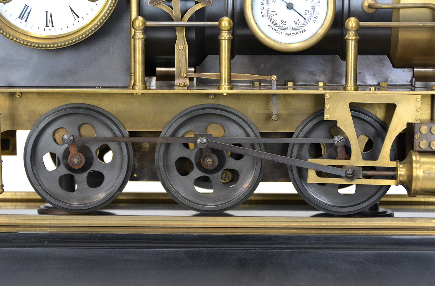 Large French Automaton Locomotive Industrial Train Clock with Spinning Wheels For Sale 6