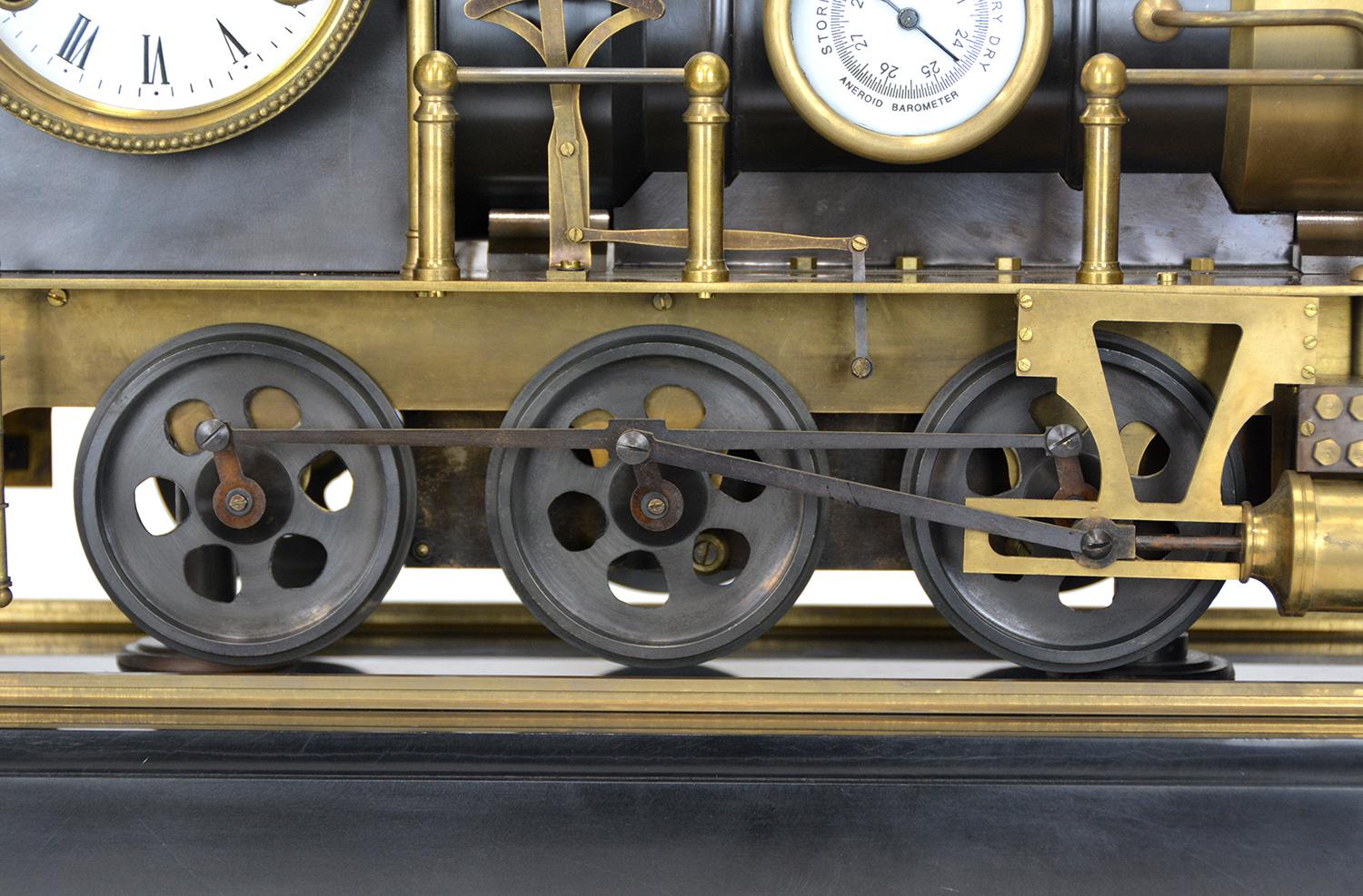 Large French Automaton Locomotive Industrial Train Clock with Spinning Wheels For Sale 4