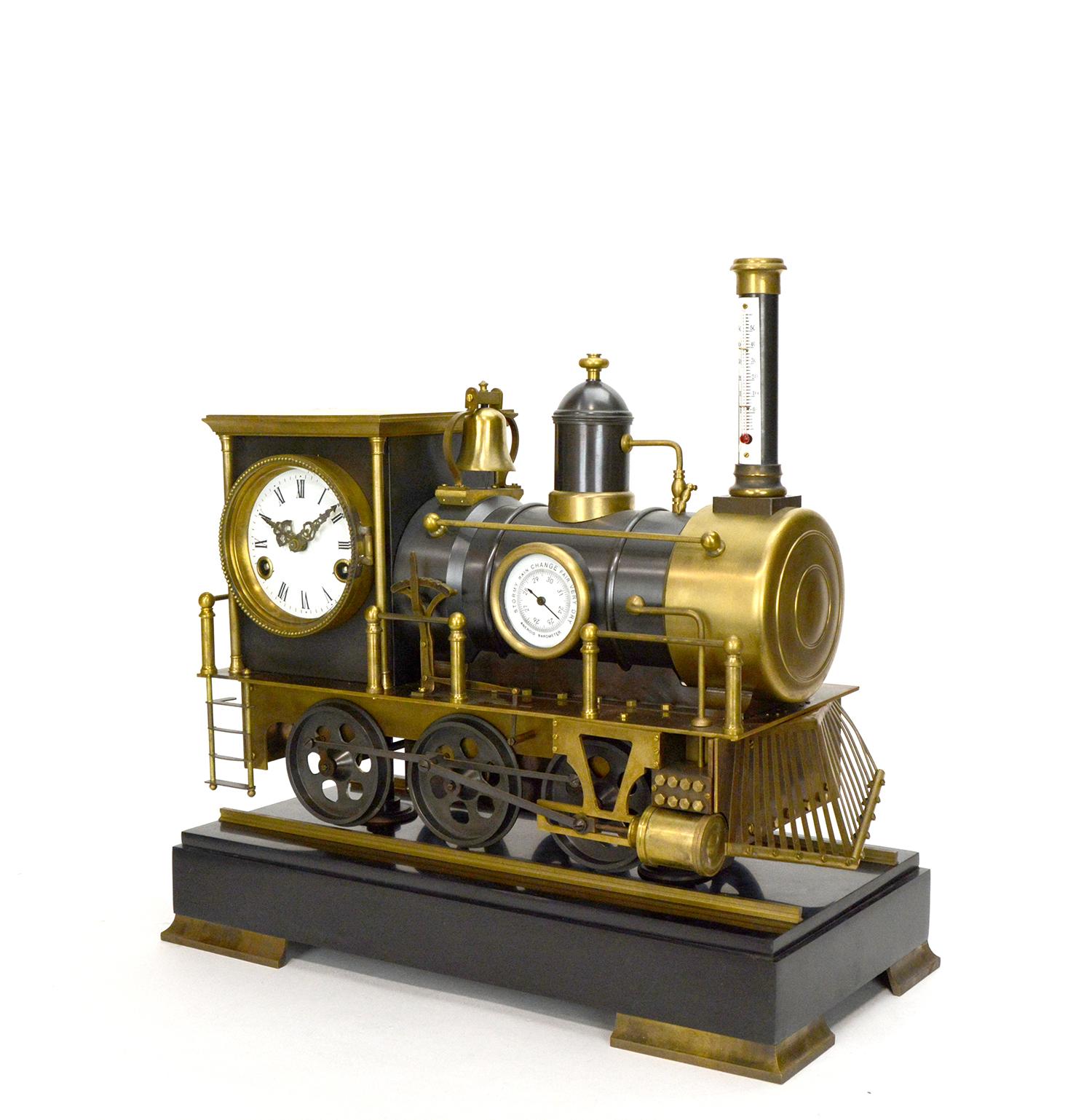 Here we have a wonderful example of the industrial series popular in French horology. When the animation movement is wound the train’s wheels and linkages spin, triggered by the hourly striking. The gilt and painted bronze case is in the form of a
