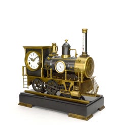 Large French Automaton Locomotive Industrial Train Clock with Spinning Wheels
