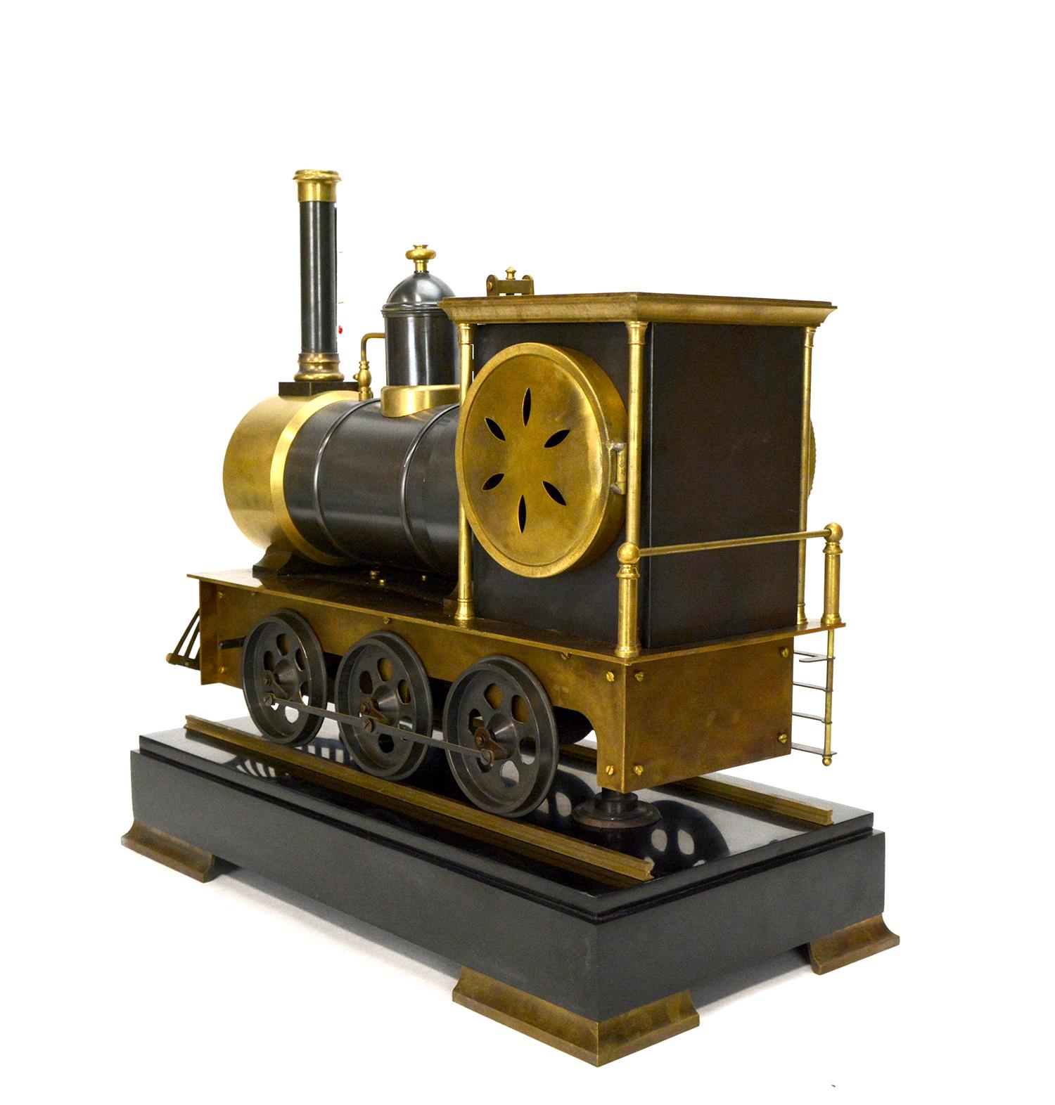 Large French Automaton Locomotive Industrial Train Clock with Spinning Wheels In Good Condition For Sale In Danville, CA