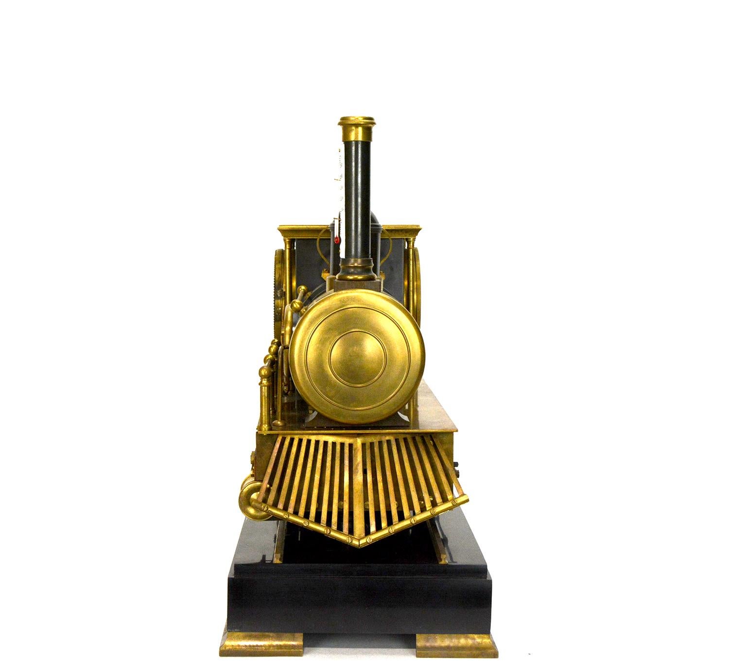 Brass Large French Automaton Locomotive Industrial Train Clock with Spinning Wheels For Sale