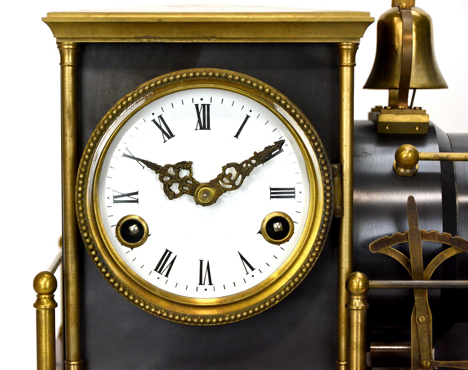 Large French Automaton Locomotive Industrial Train Clock with Spinning Wheels In Good Condition In Danville, CA