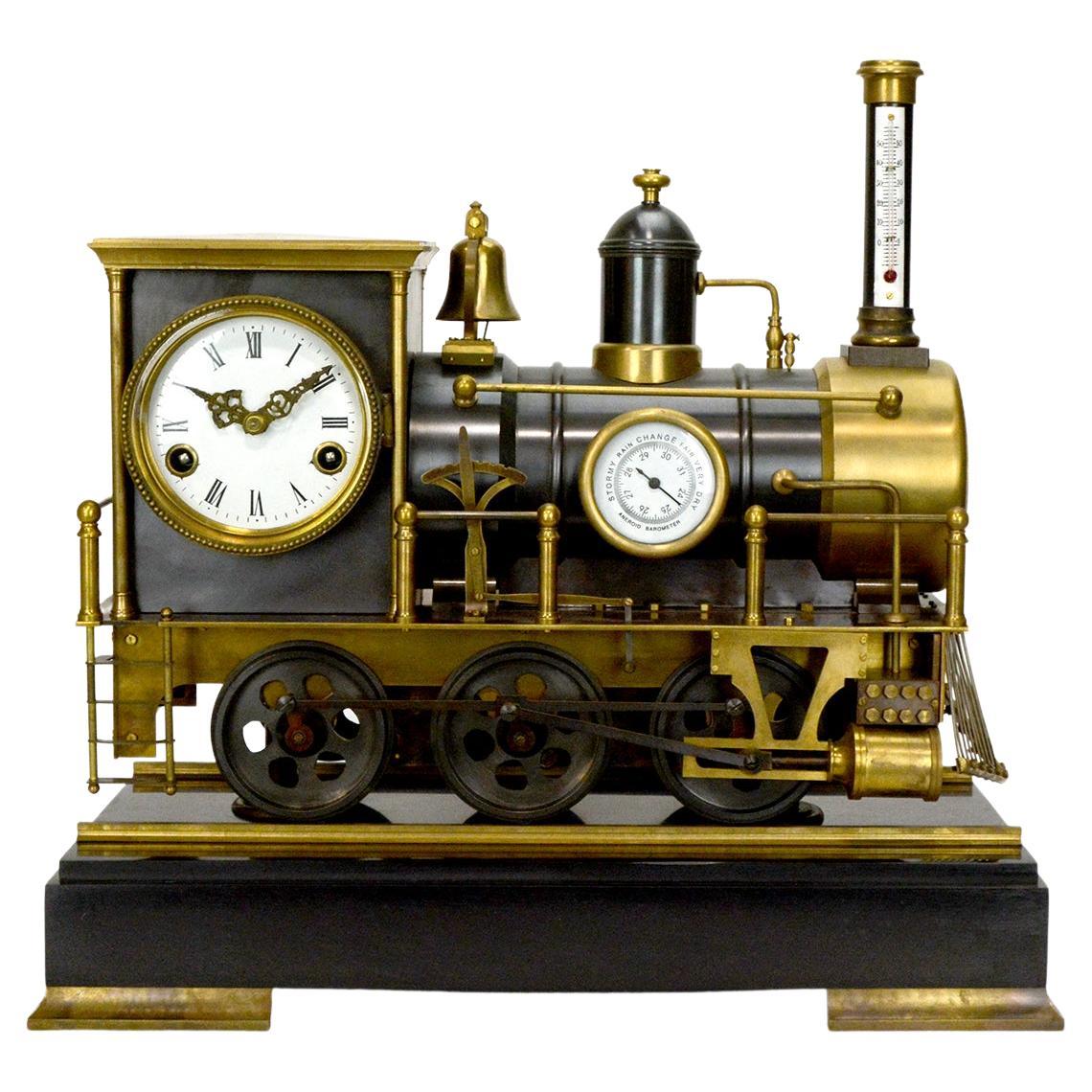 Large French Automaton Locomotive Industrial Train Clock with Spinning Wheels For Sale