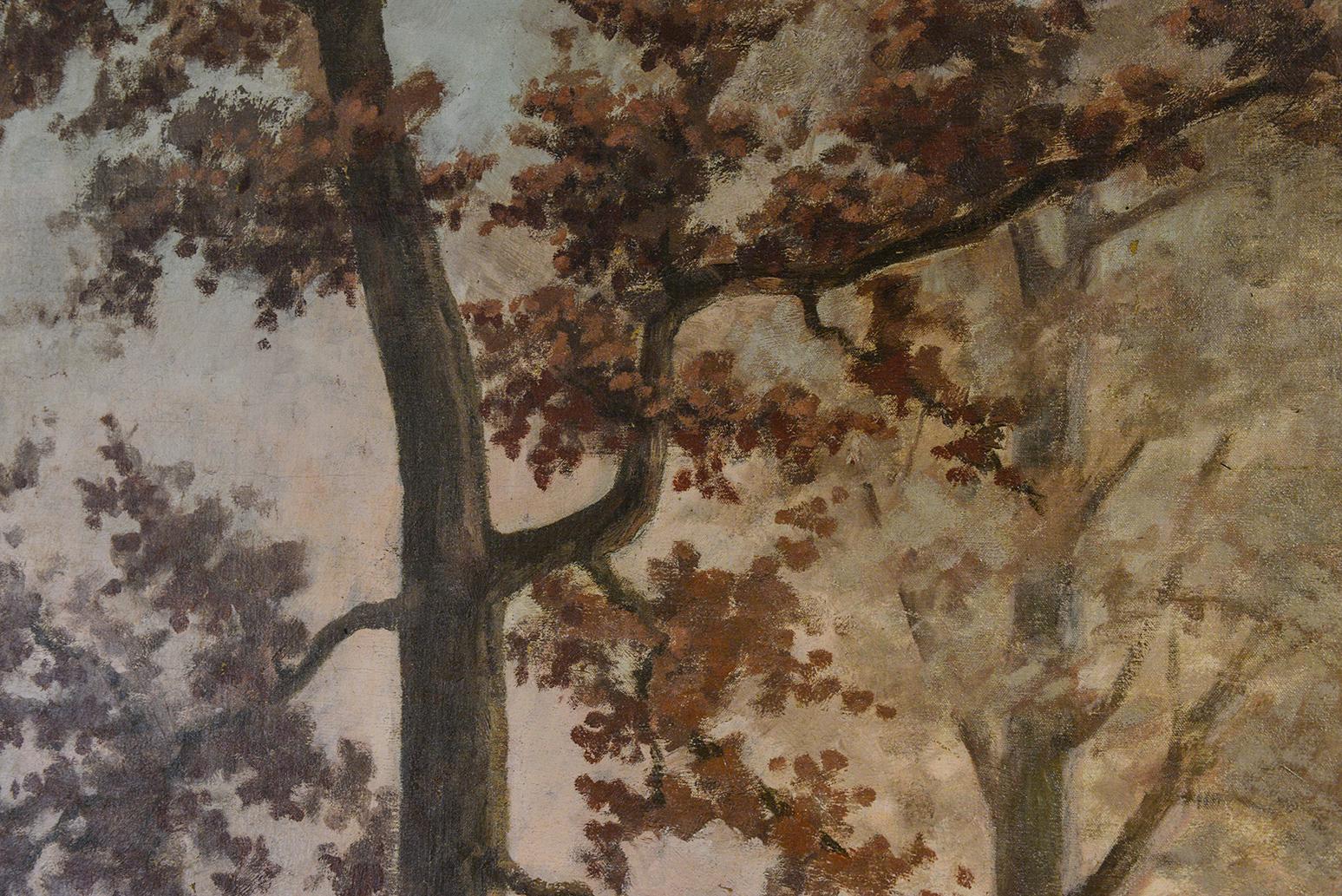 Huilé Grande peinture française d'automne, datée, signée ou donnant sur une porte coulissante en vente