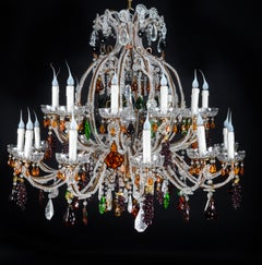 Large French Bagues Style bronze, crystal and colored glass fruit chandelier