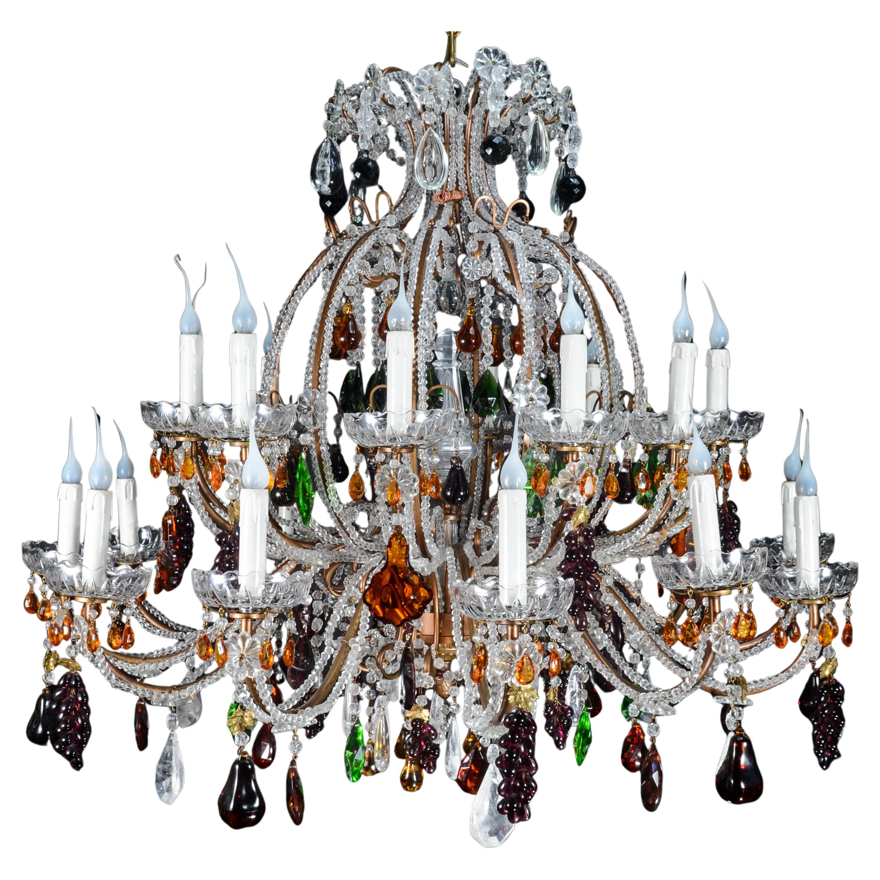 Large French Bagues Style bronze, crystal and colored glass fruit chandelier
