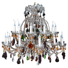 Large French Bagues Style bronze, crystal and colored glass fruit chandelier