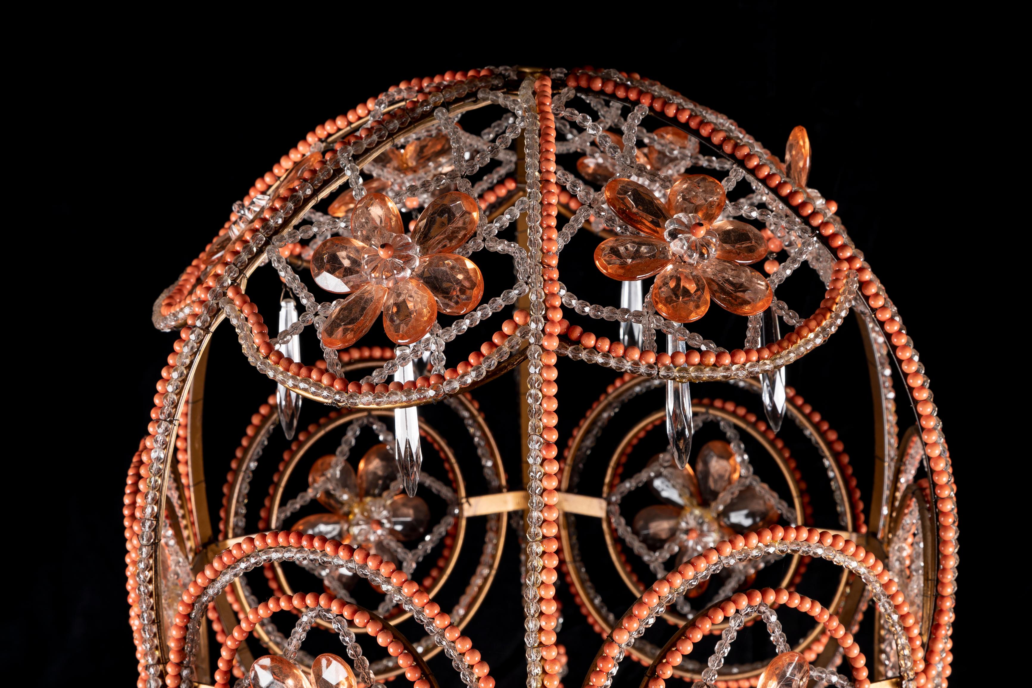 Large French Bagues Style Crystal and Beaded Coral Hot Air Balloon Chandelier For Sale 3