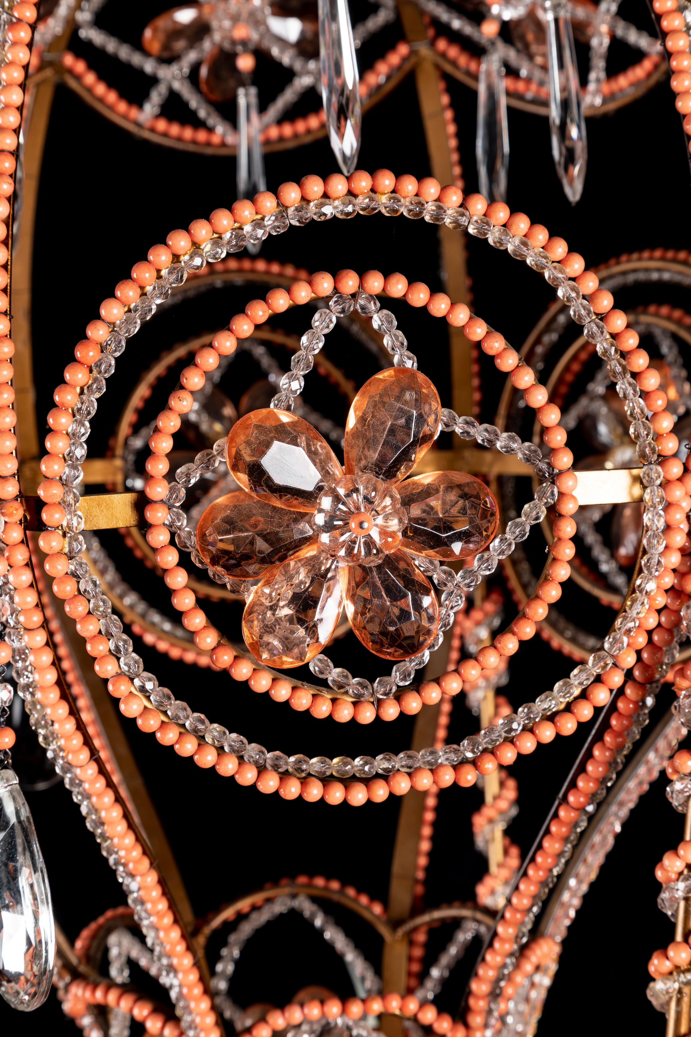 Large French Bagues Style Crystal and Beaded Coral Hot Air Balloon Chandelier For Sale 4