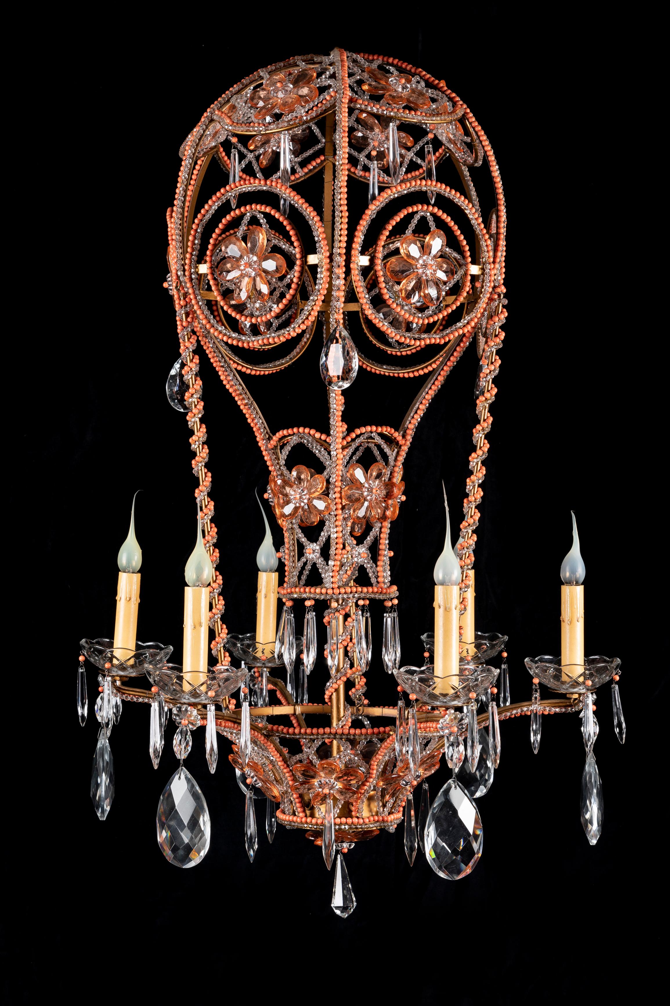 A Spectacular and very Rare Large French Bagues Style bronze, cut crystal and beaded coral multi light hot air balloon chandelier of superb craftsmanship. This very unusual chandelier is designed to resemble a hot air balloon embellished with hand