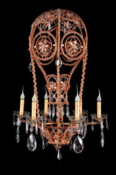 Large French Bagues Style Crystal and Beaded Coral Hot Air Balloon Chandelier
