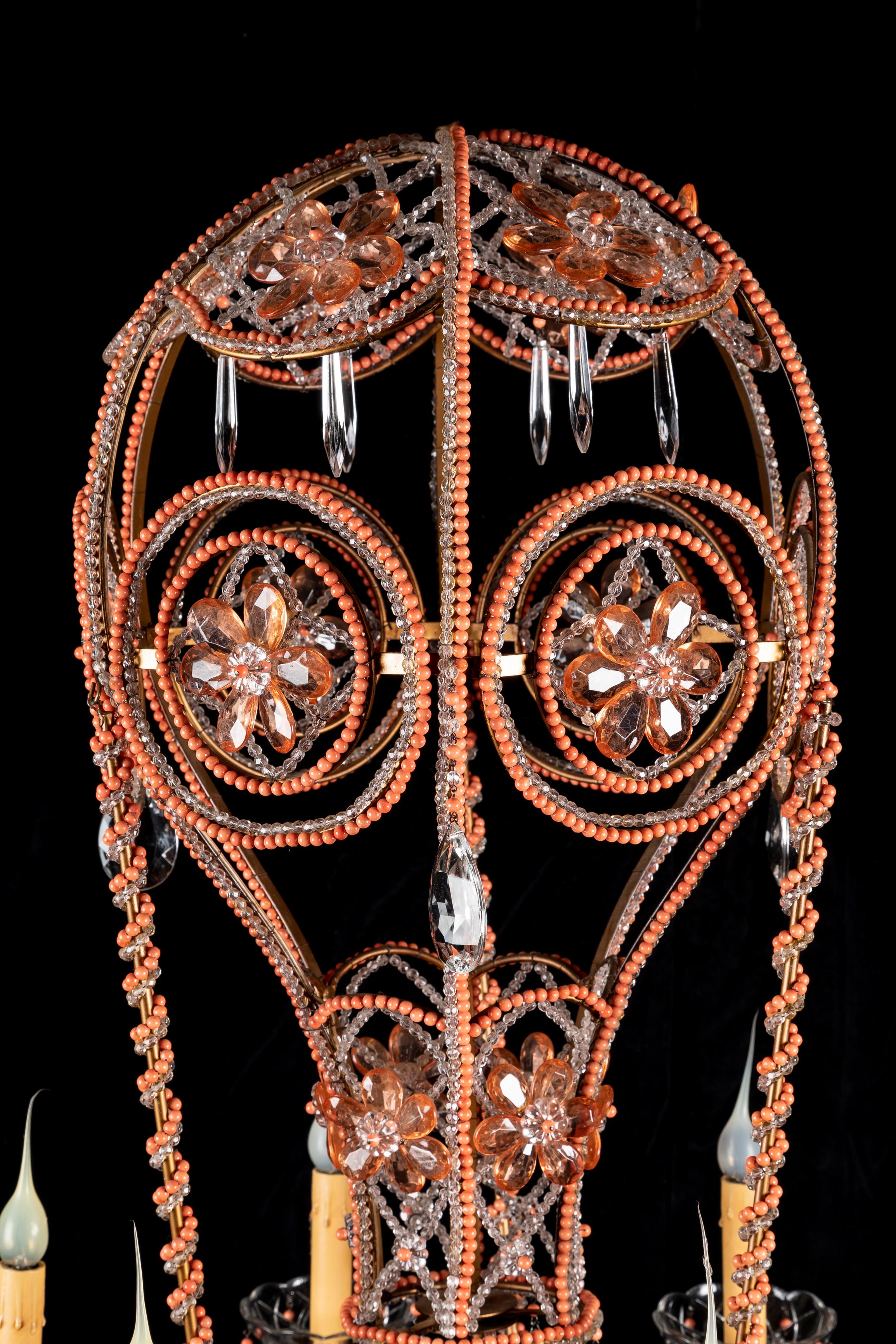 Hand-Crafted Large French Bagues Style Crystal and Beaded Coral Hot Air Balloon Chandelier For Sale