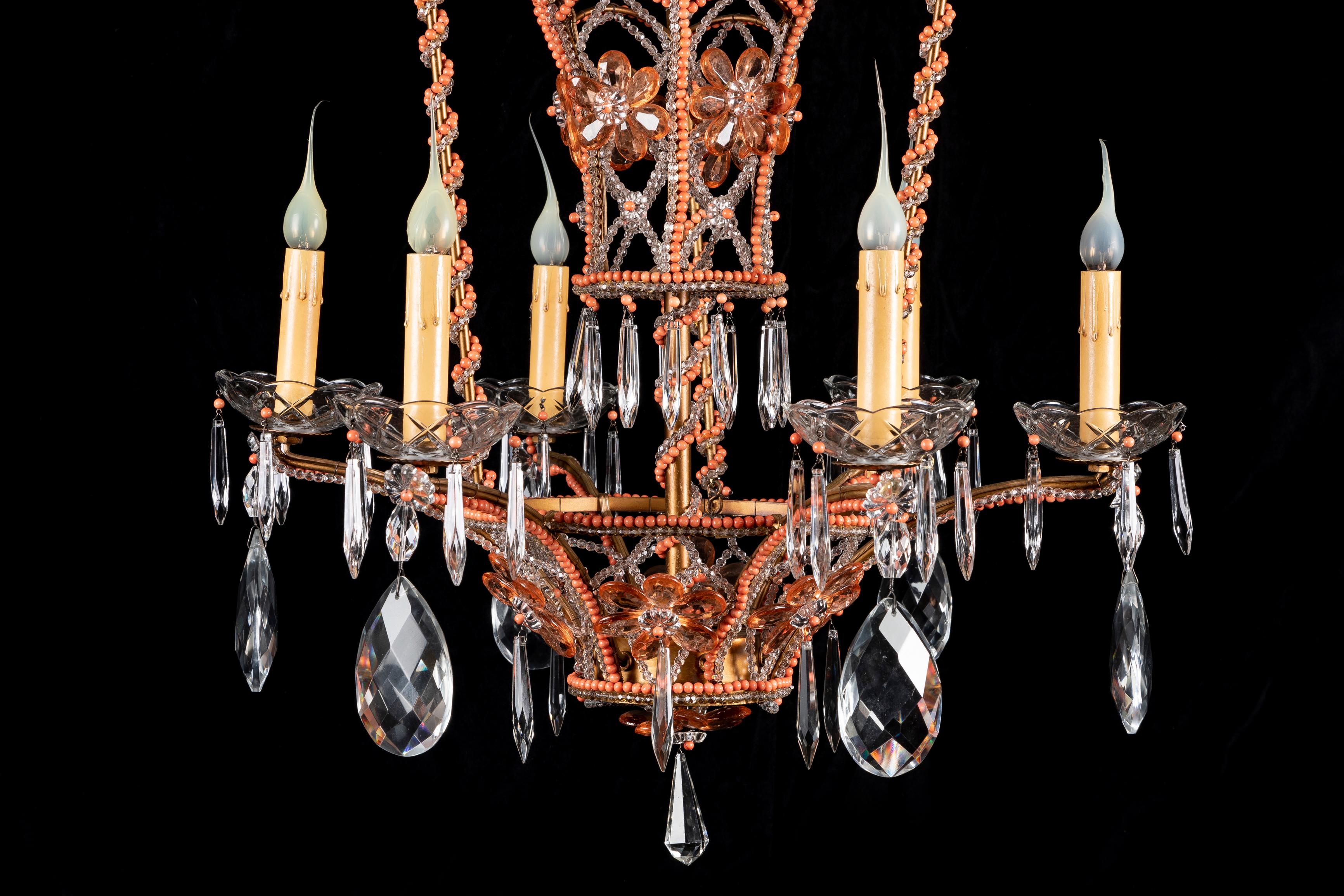 Large French Bagues Style Crystal and Beaded Coral Hot Air Balloon Chandelier In Good Condition For Sale In New York, NY