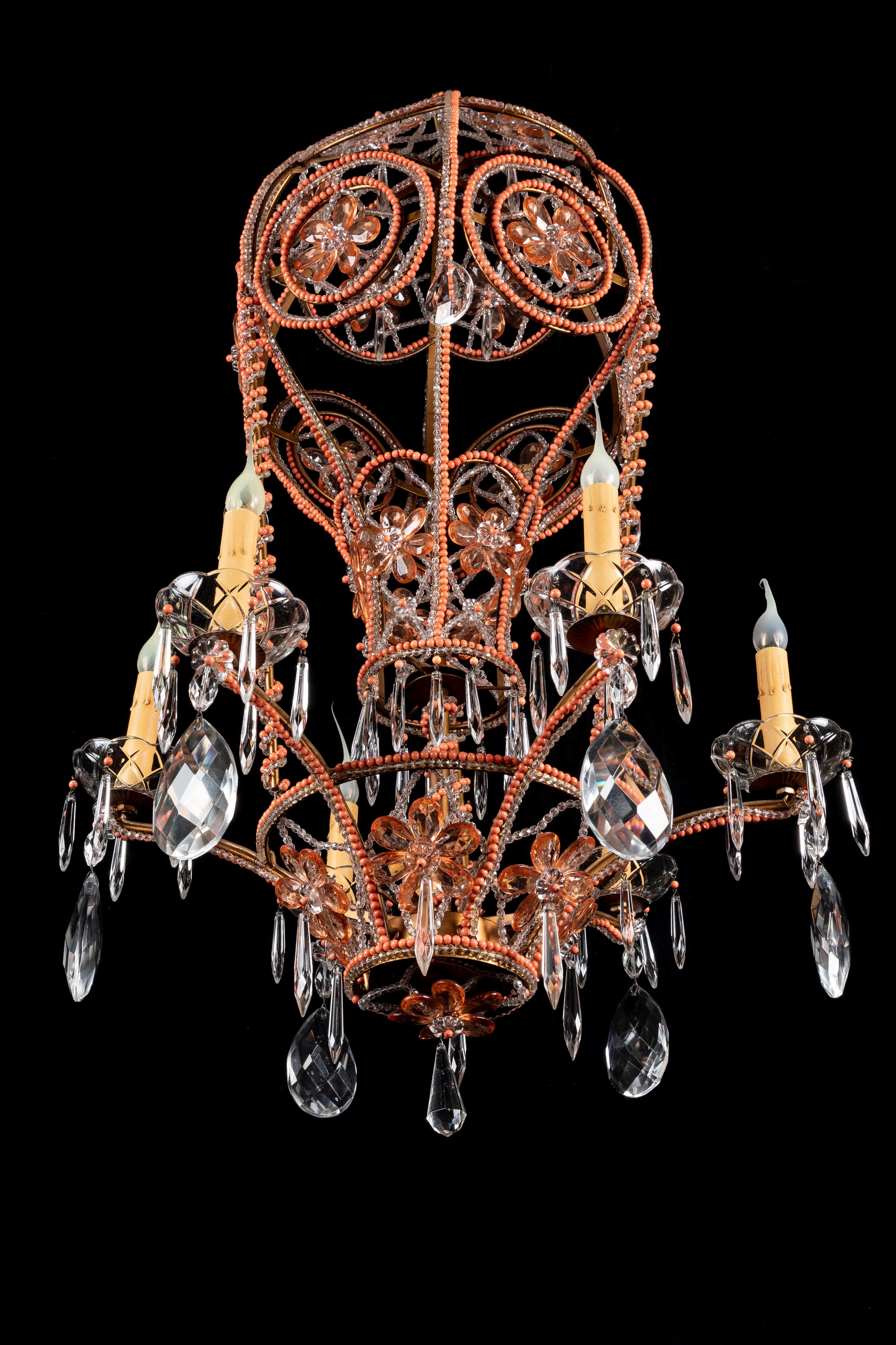 20th Century Large French Bagues Style Crystal and Beaded Coral Hot Air Balloon Chandelier For Sale