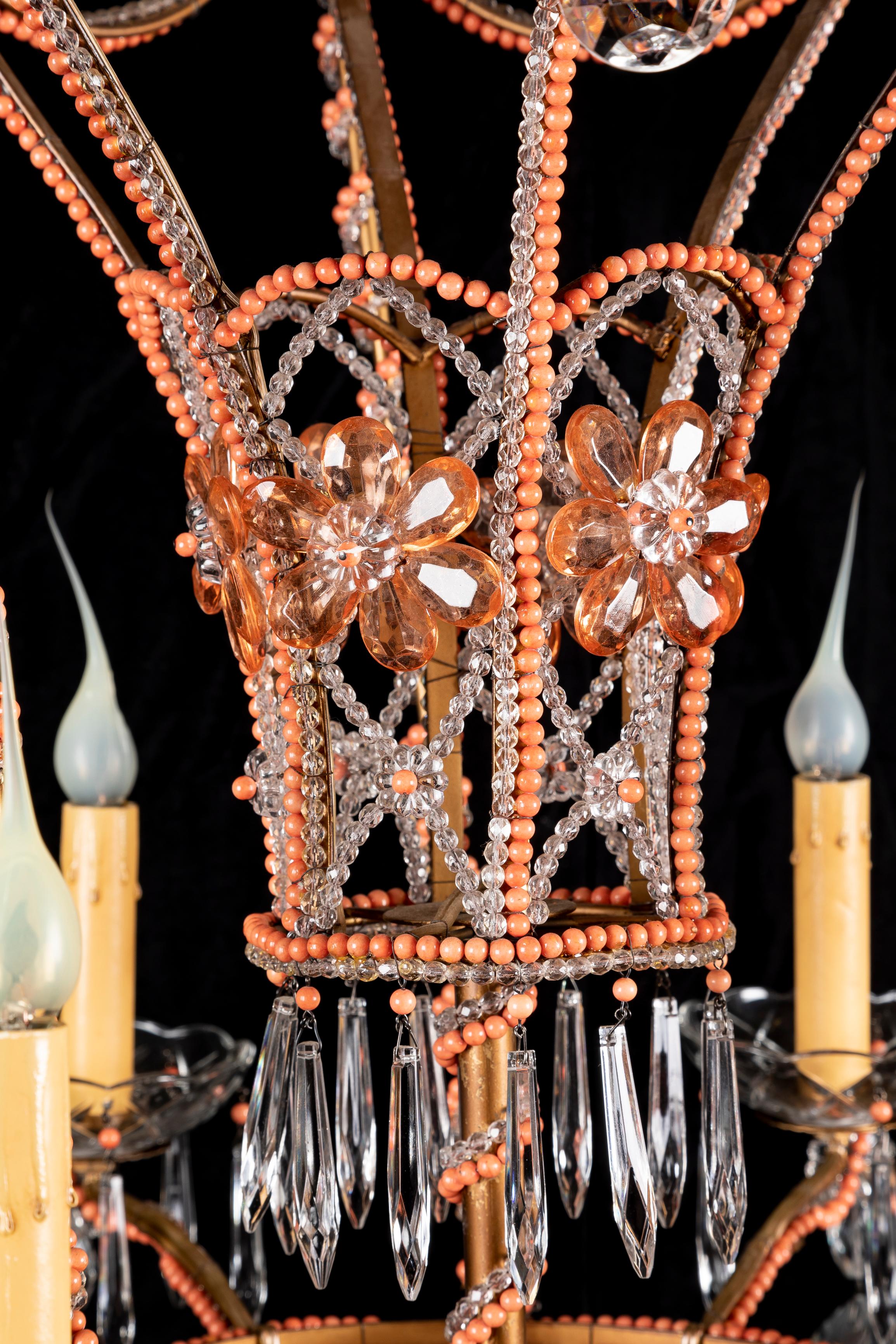 Bronze Large French Bagues Style Crystal and Beaded Coral Hot Air Balloon Chandelier For Sale