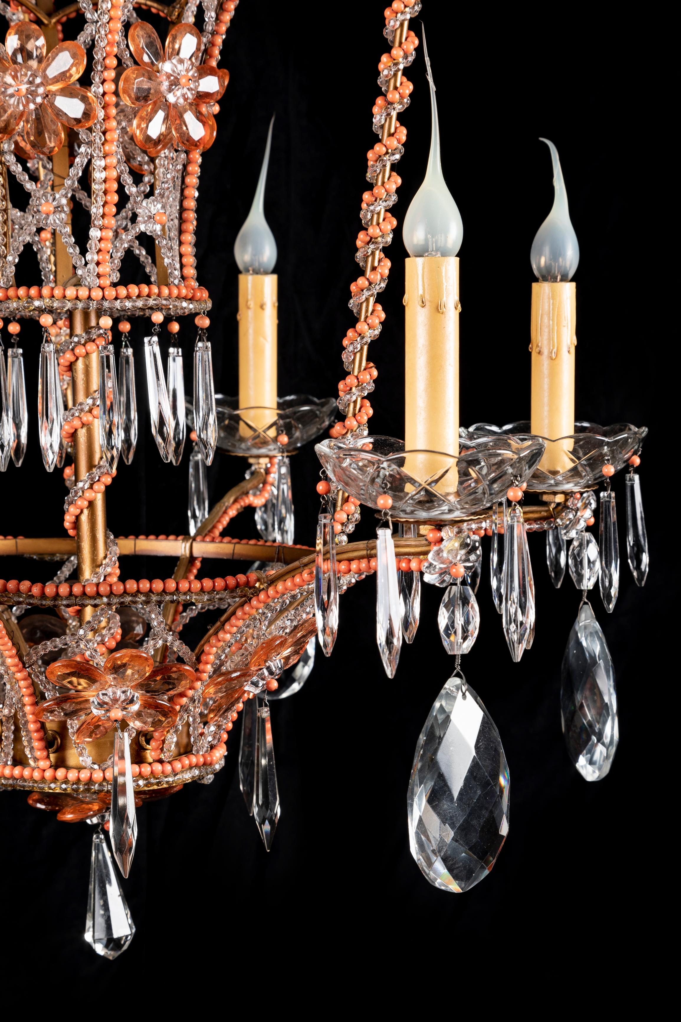 Large French Bagues Style Crystal and Beaded Coral Hot Air Balloon Chandelier For Sale 1