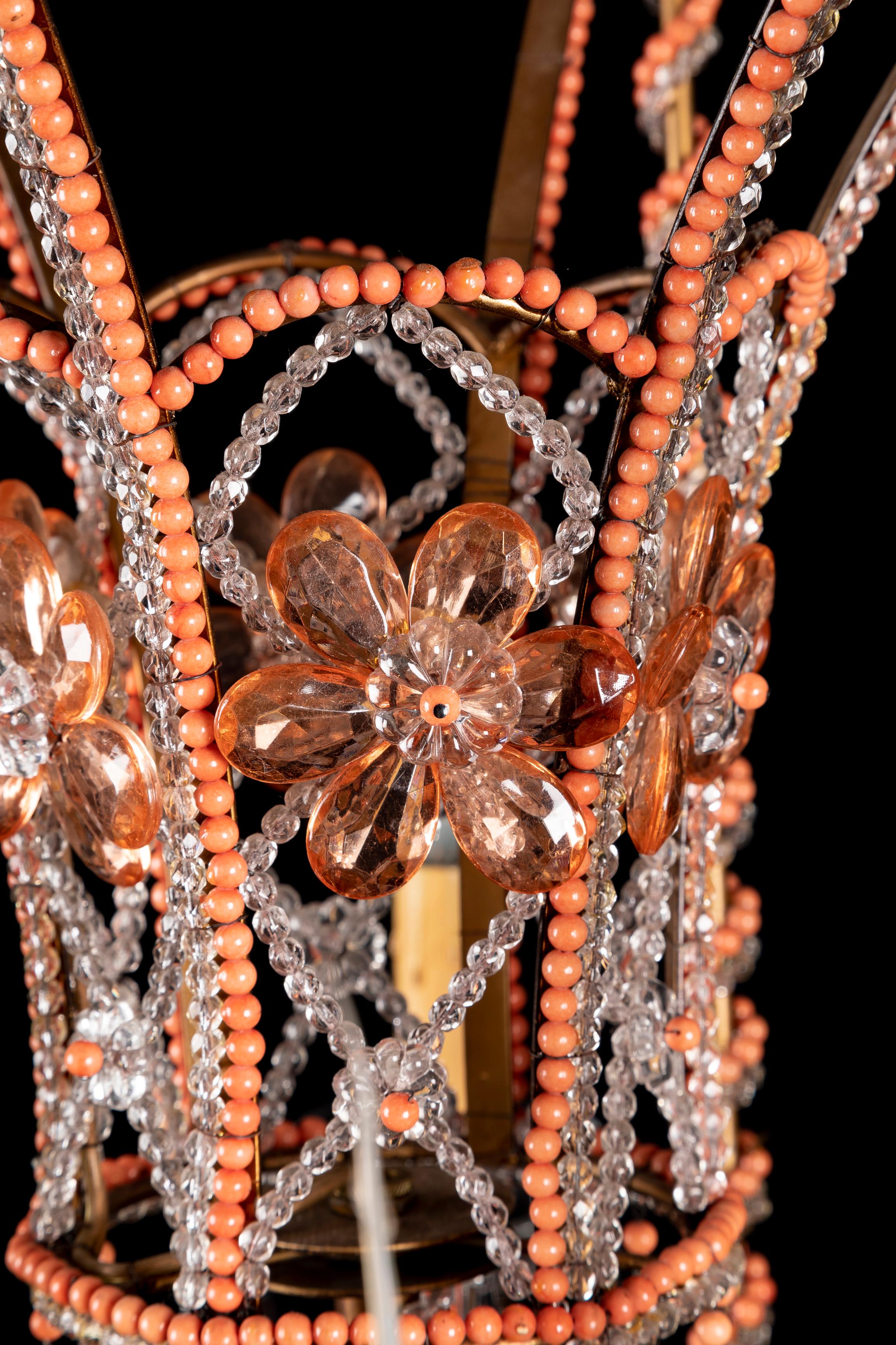 Large French Bagues Style Crystal and Beaded Coral Hot Air Balloon Chandelier For Sale 2