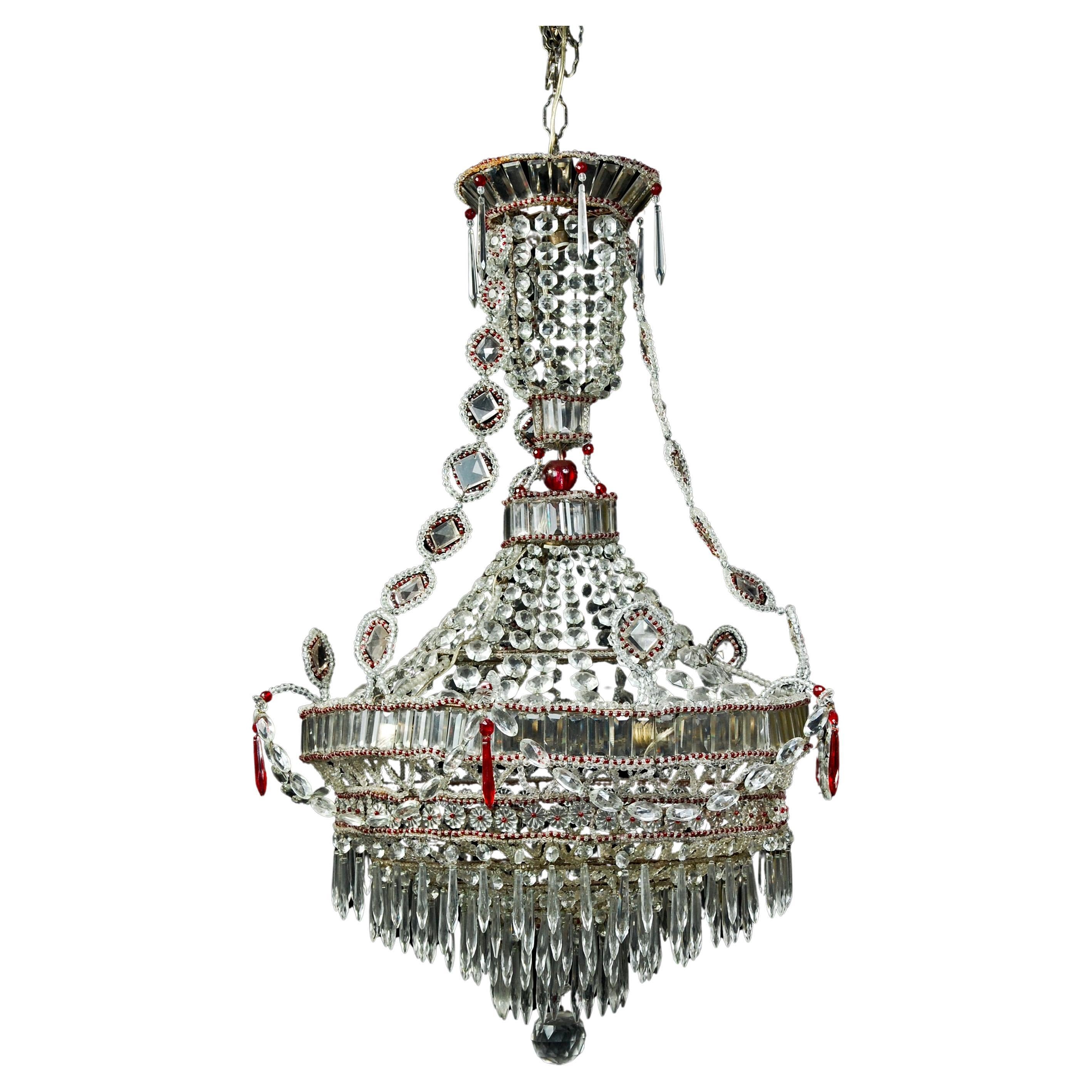 Large French Bagues Style Crystal and Ruby Glass Chandelier For Sale