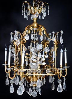 Large French Bagues Style Rock Crystal and Gilt Multi light Lantern Chandelier