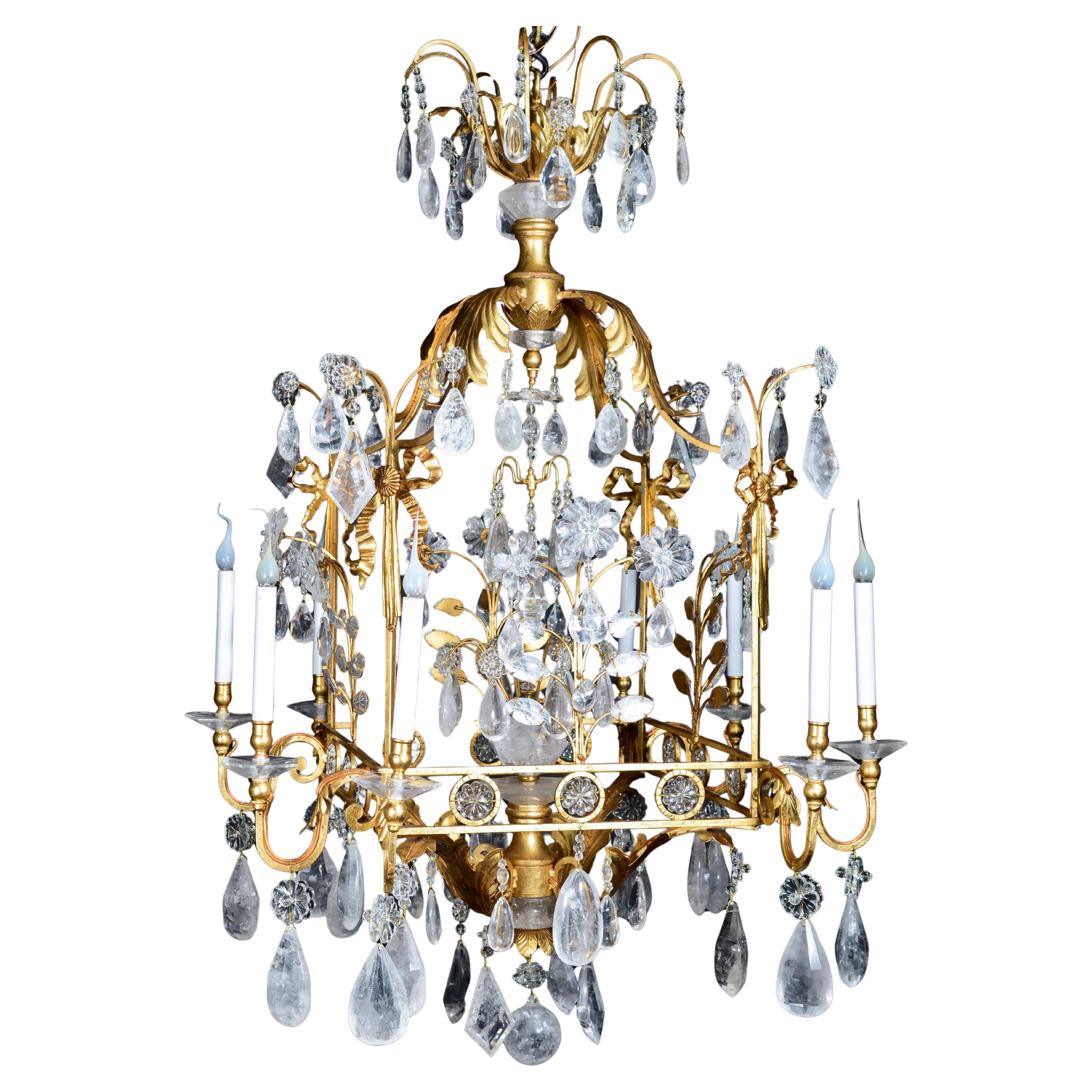 Large French Bagues Style Rock Crystal and Gilt Multi light Lantern Chandelier