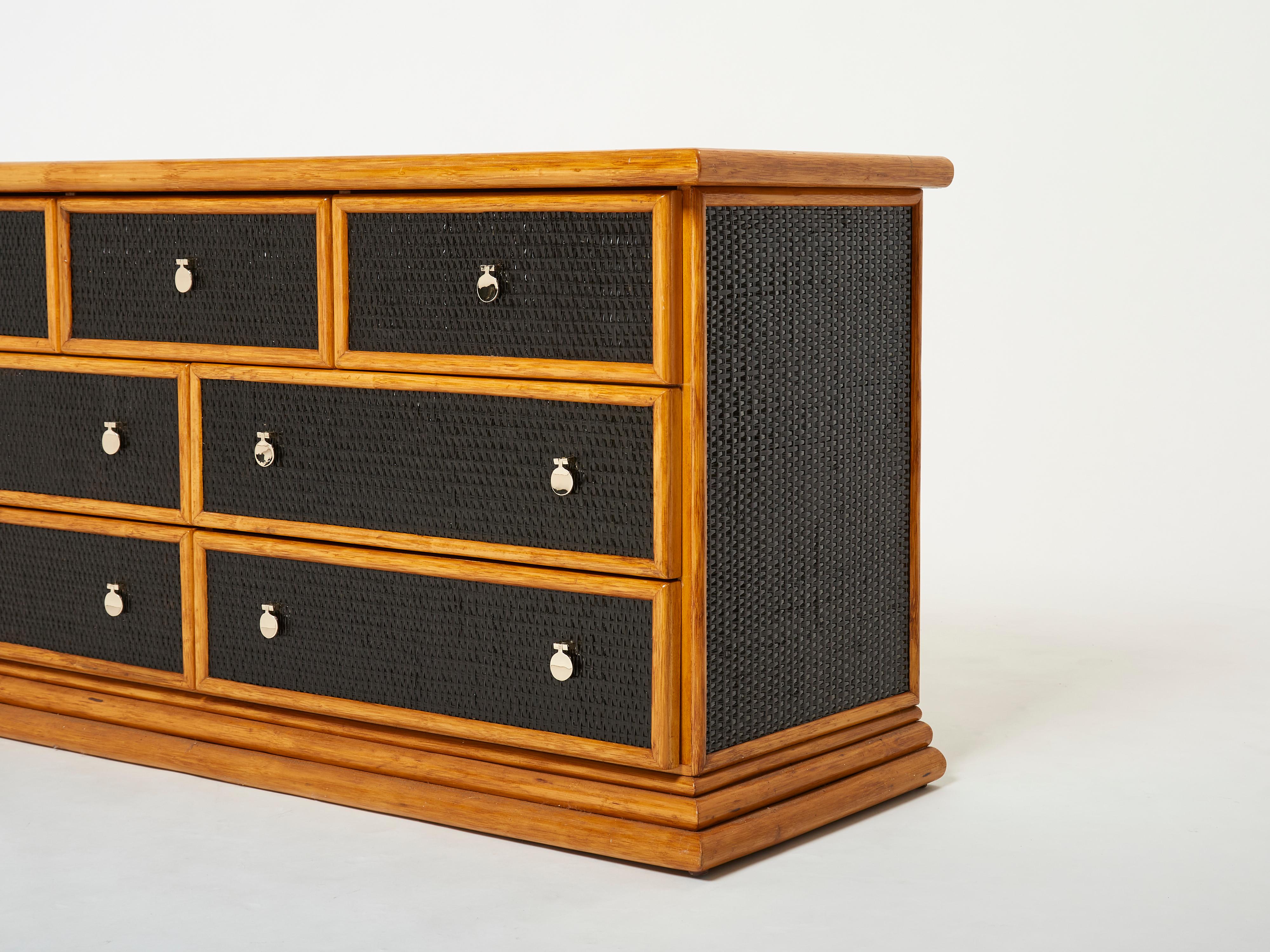 Mid-Century Modern Large French Bamboo Rattan and Brass Chest of Drawers, 1960s For Sale