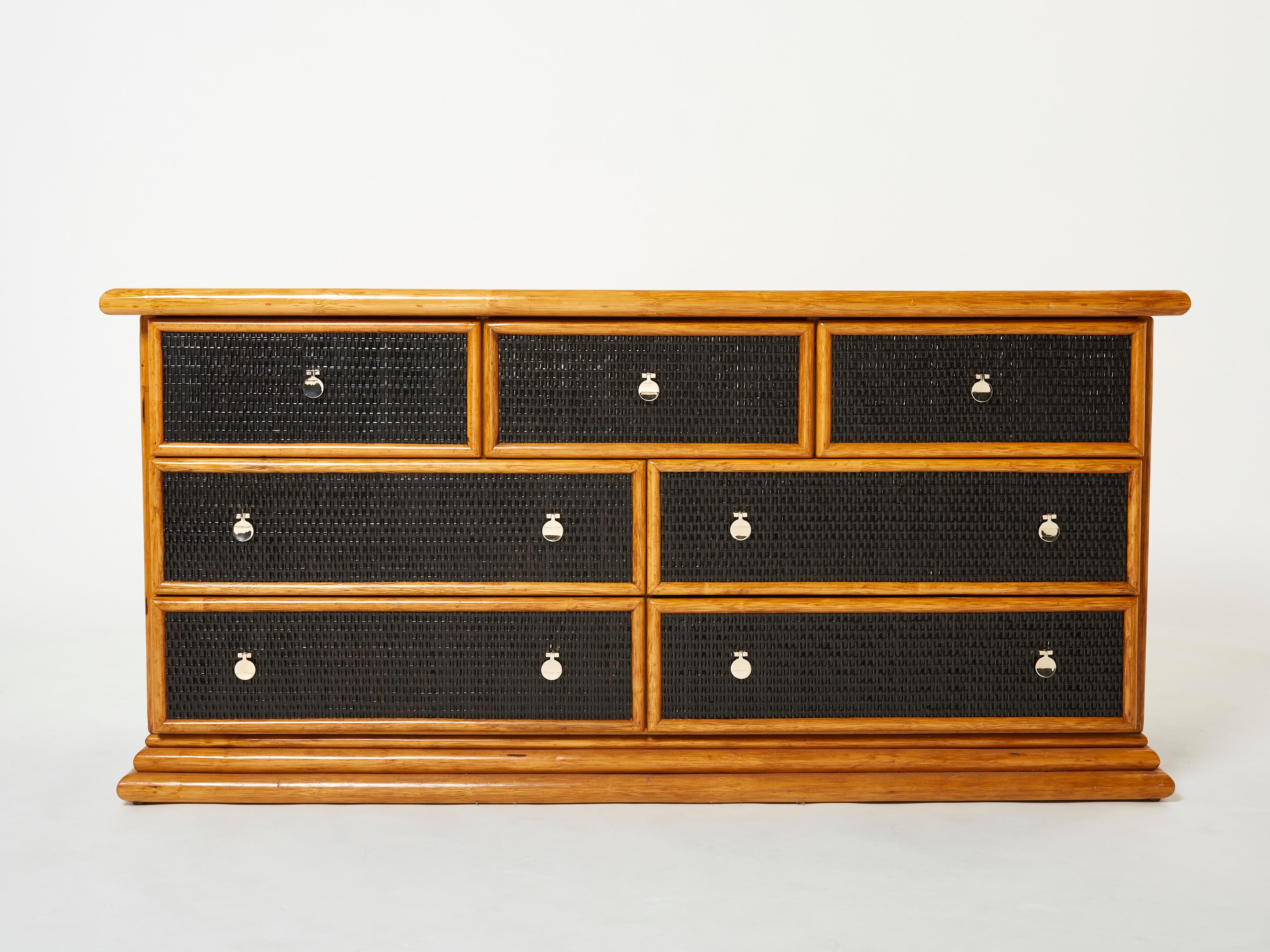 Mid-20th Century Large French Bamboo Rattan and Brass Chest of Drawers, 1960s For Sale