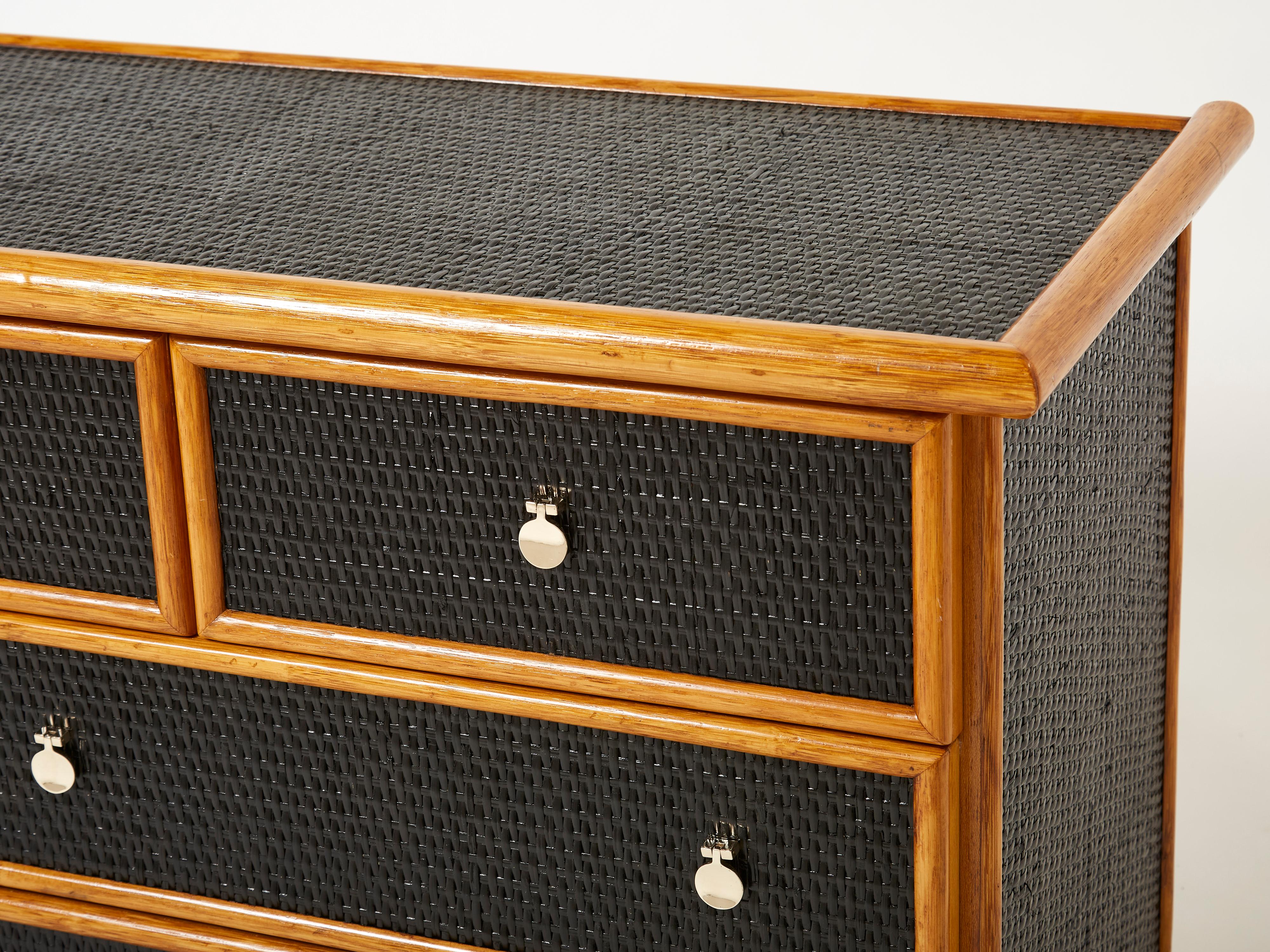 Large French Bamboo Rattan and Brass Chest of Drawers, 1960s For Sale 1