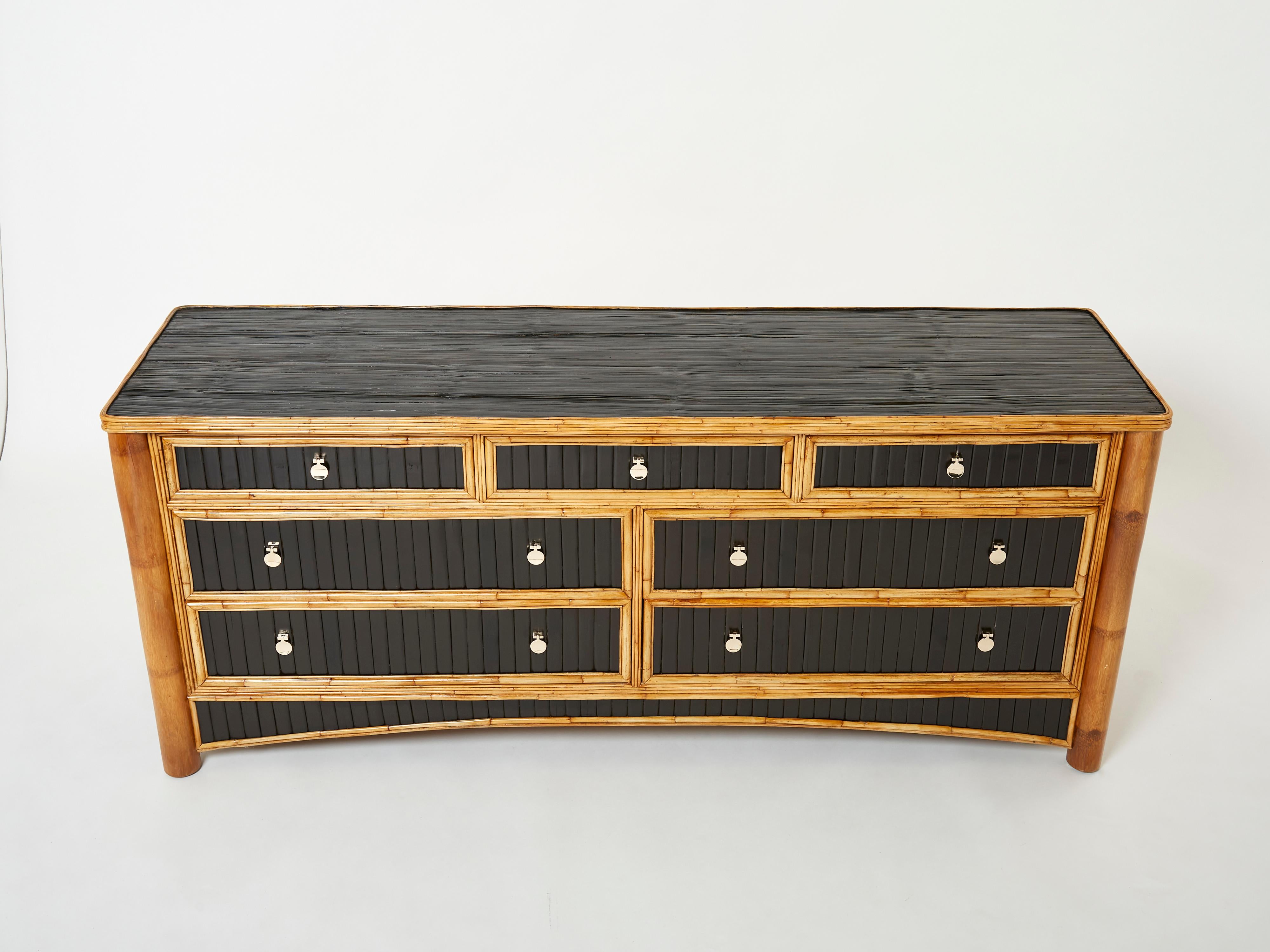 Large French Bamboo Rattan and Brass Chest of Drawers 1970s 6
