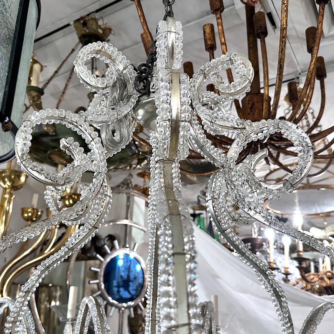 Mid-20th Century Large French Beaded Silver Chandelier For Sale