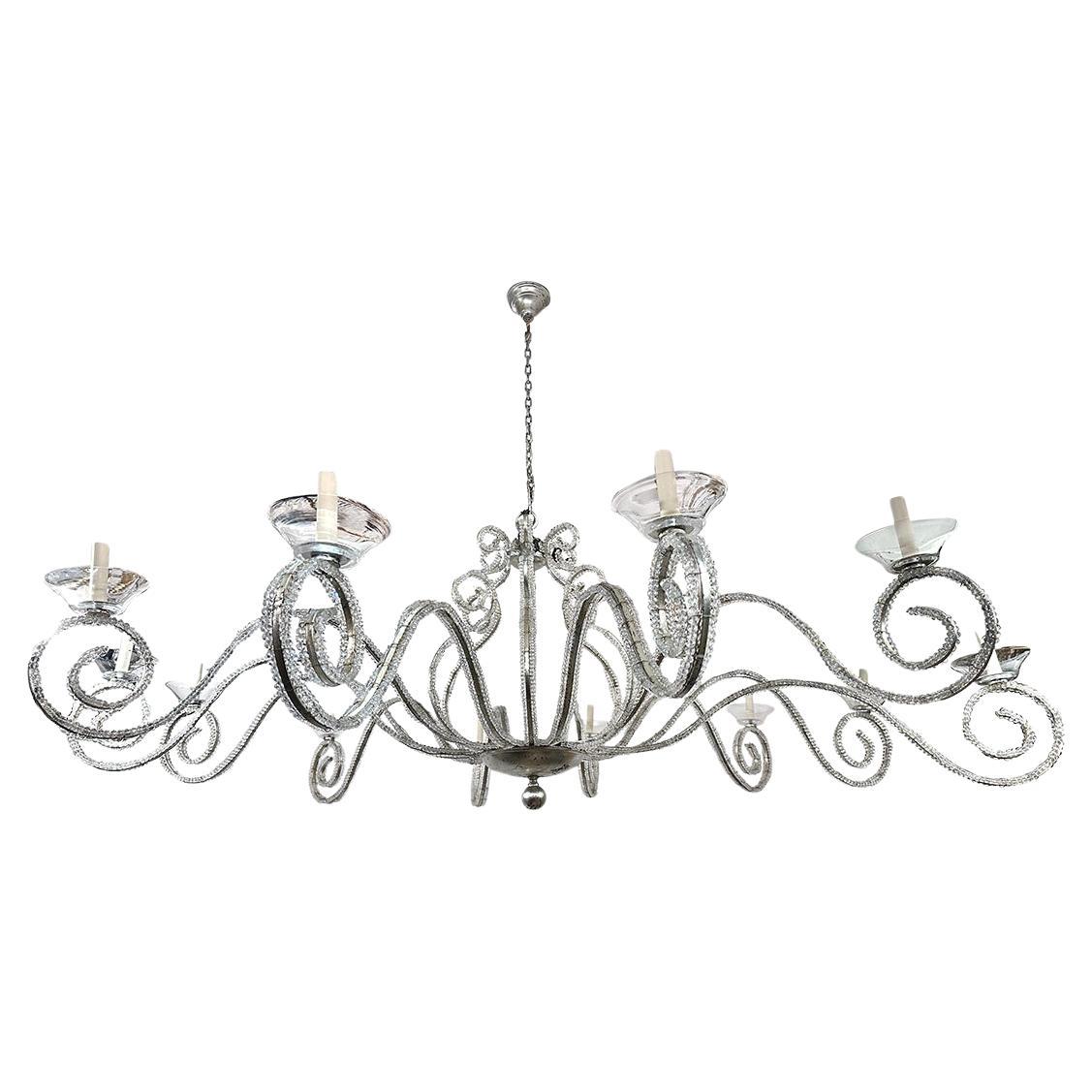 Large French Beaded Silver Chandelier For Sale