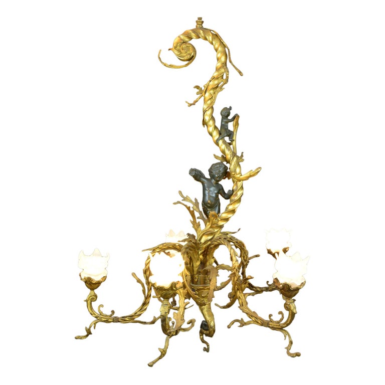 Large French Belle Époque Bronze 5 Light Chandelier Cherub Frosted Large French Belle Époque Bronze 5 Light Chandelier Cherub Frosted Glass Covers For
