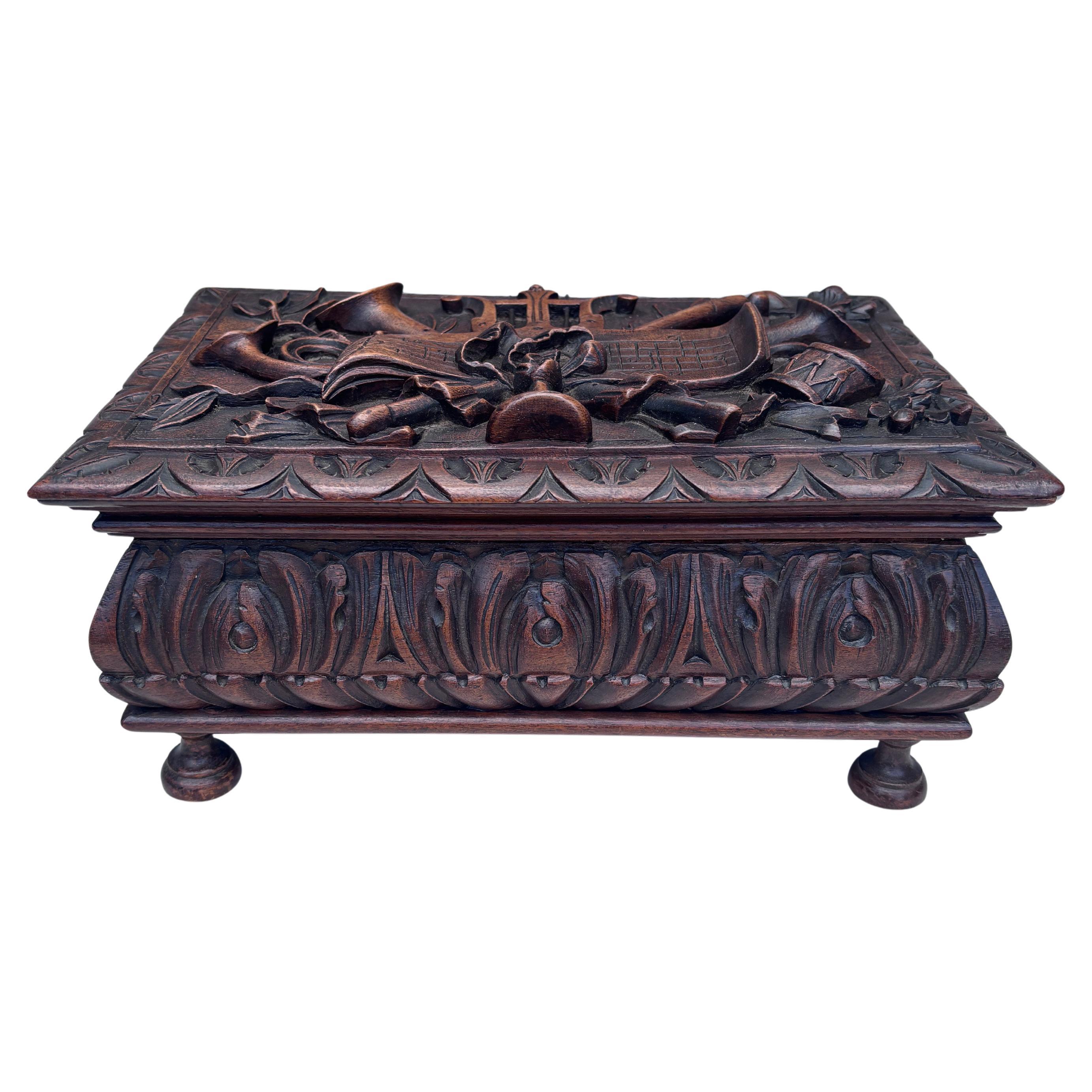 Large French Black Forest Wood Music instruments Box, Circa 1890 For Sale