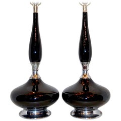 Large French Black Porcelain Lamps