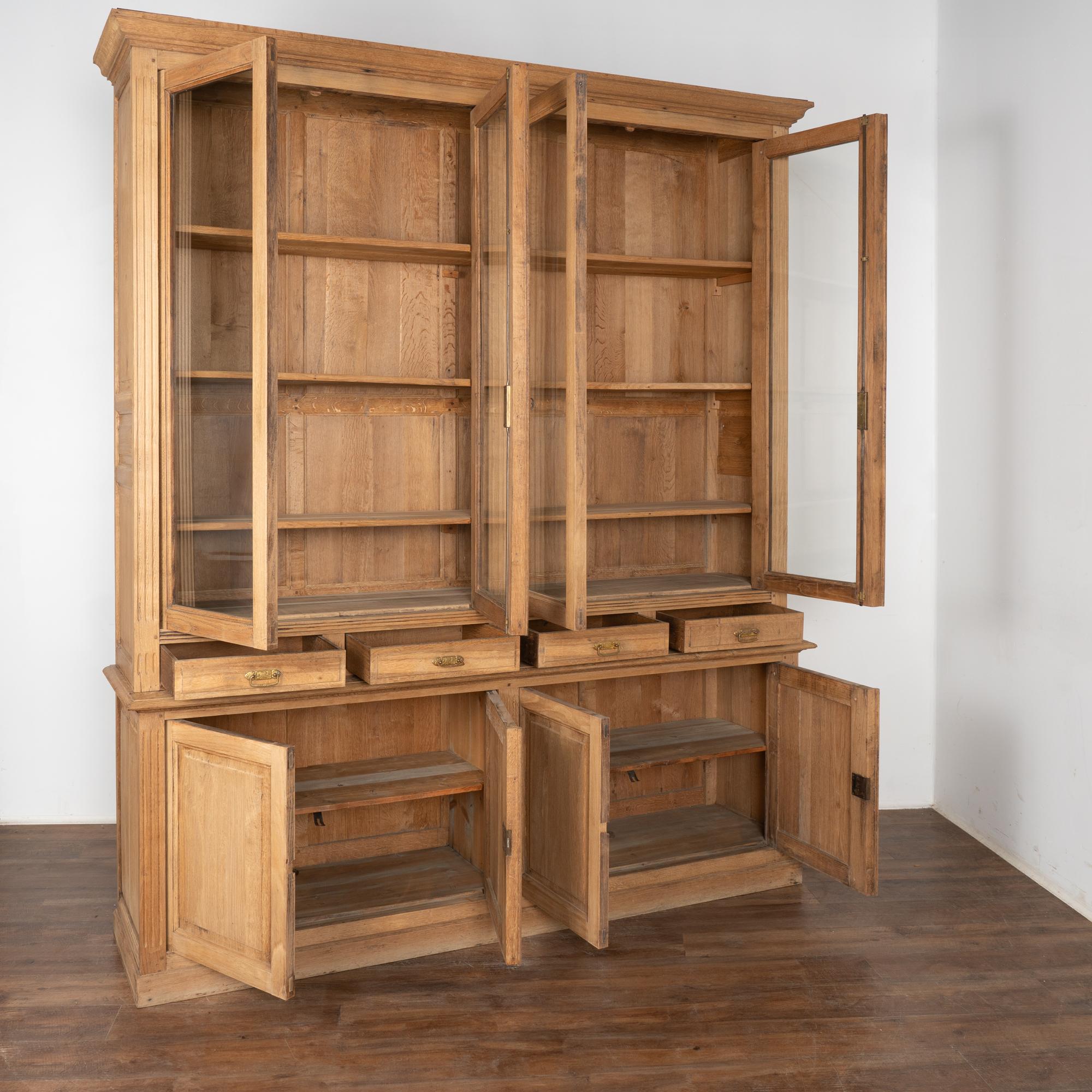 Country Large French Bleached Oak Bookcase Display Cabinet, circa 1940 For Sale