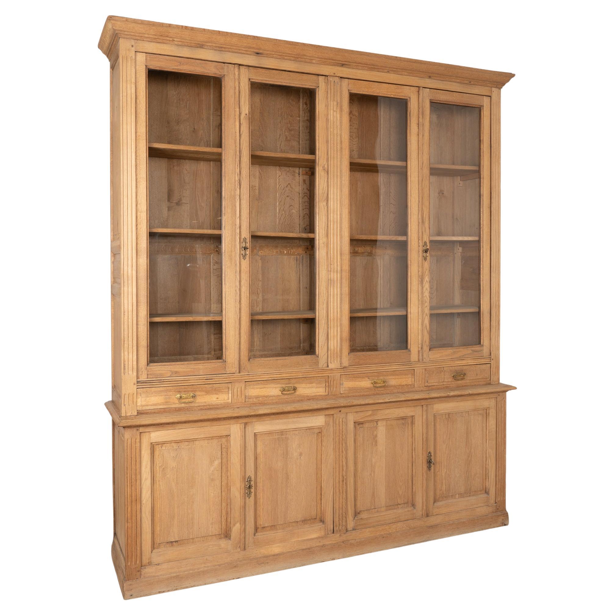 Large French Bleached Oak Bookcase Display Cabinet, circa 1940 For Sale