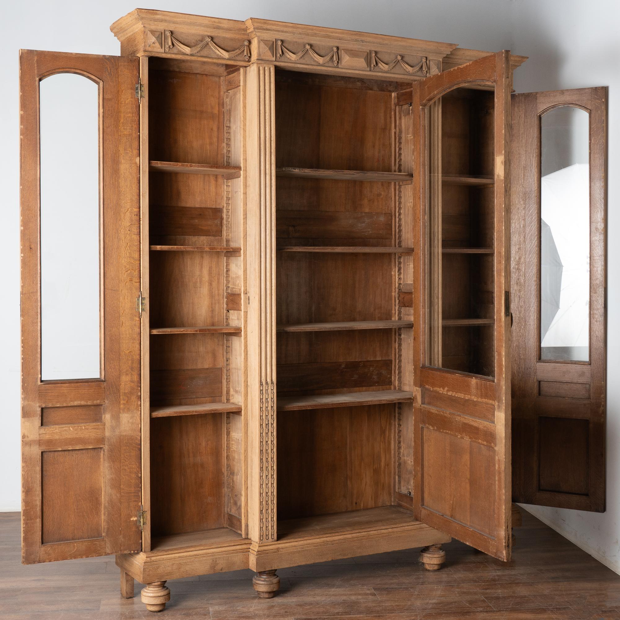Country Large French Bleached Oak Bookcase Three Door Display Cabinet, Circa 1890