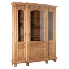 Large French Bleached Oak Bookcase Three Door Display Cabinet, Circa 1890
