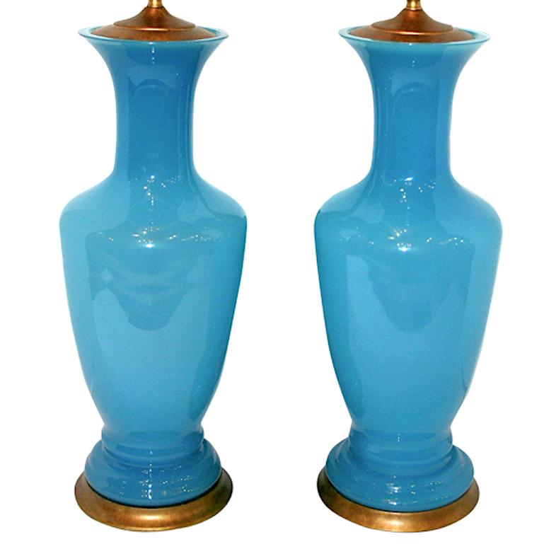 Pair of French, 1940s large opaline glass table lamps, with gilt bases.
23