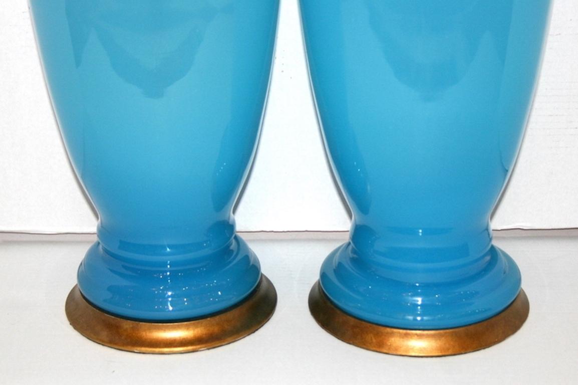 Large French Blue Opaline Glass Lamps In Good Condition In New York, NY