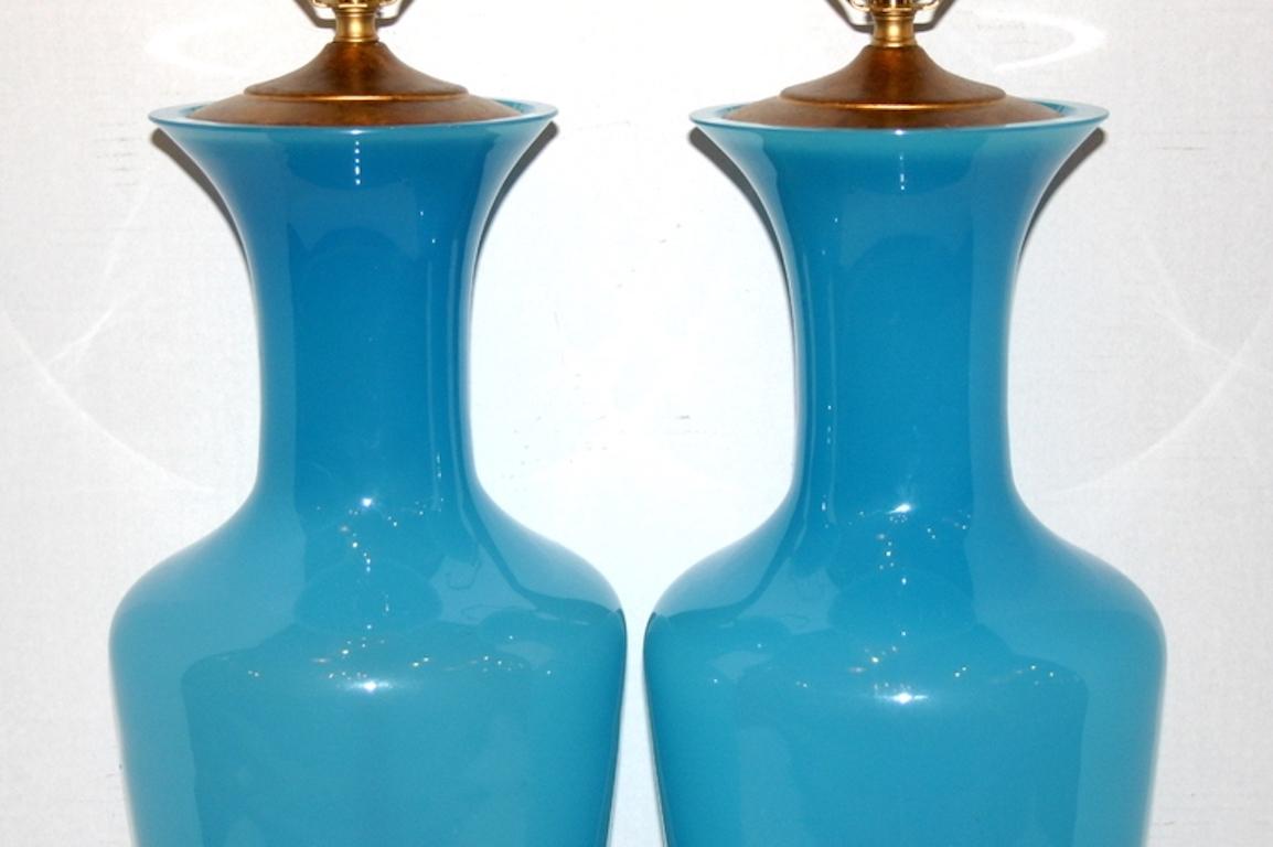 Gilt Large French Blue Opaline Glass Lamps