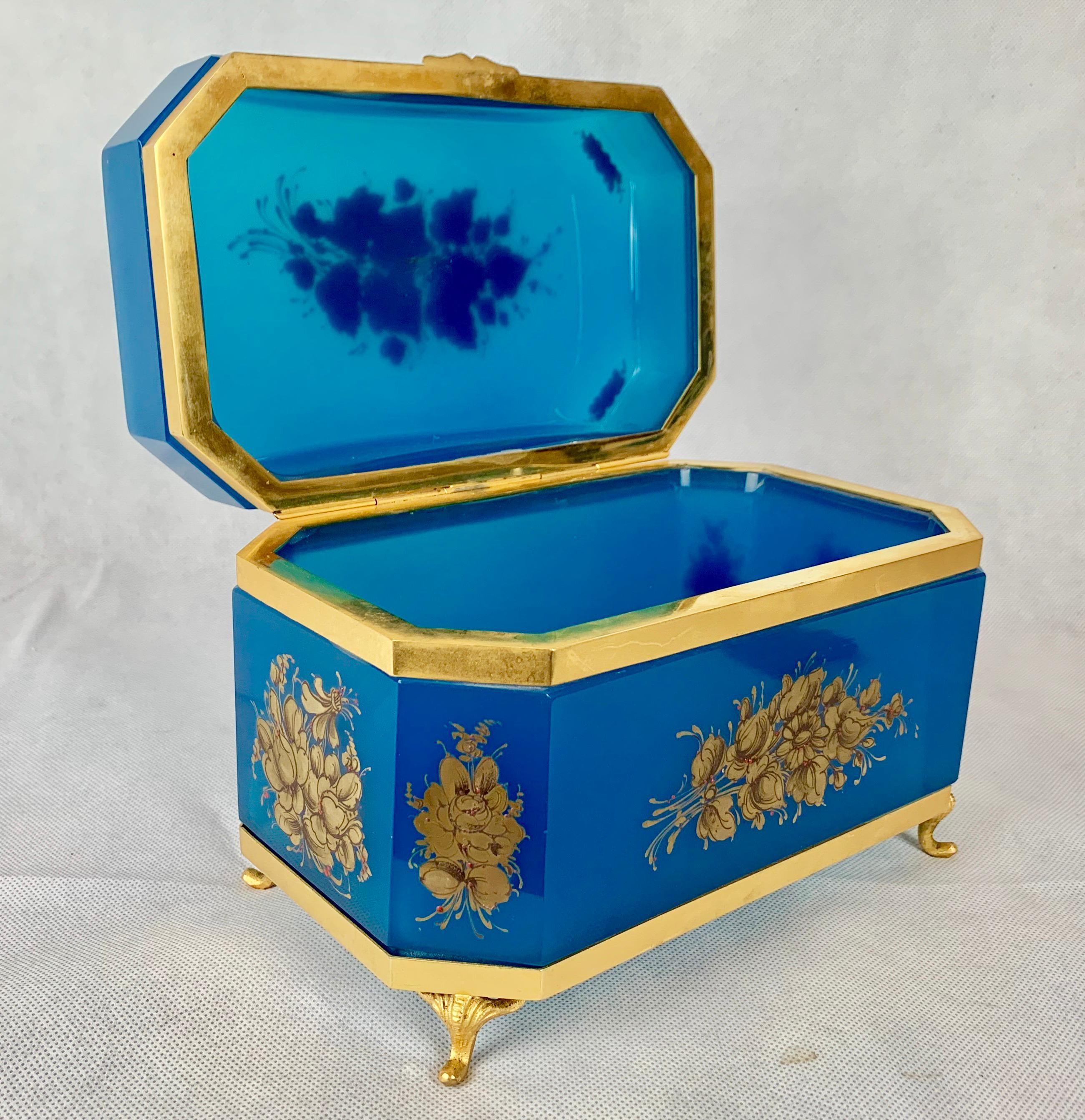Belle Époque Blue Opaline Hinged Glass Box with Gilt Frame-Hand Painted 9