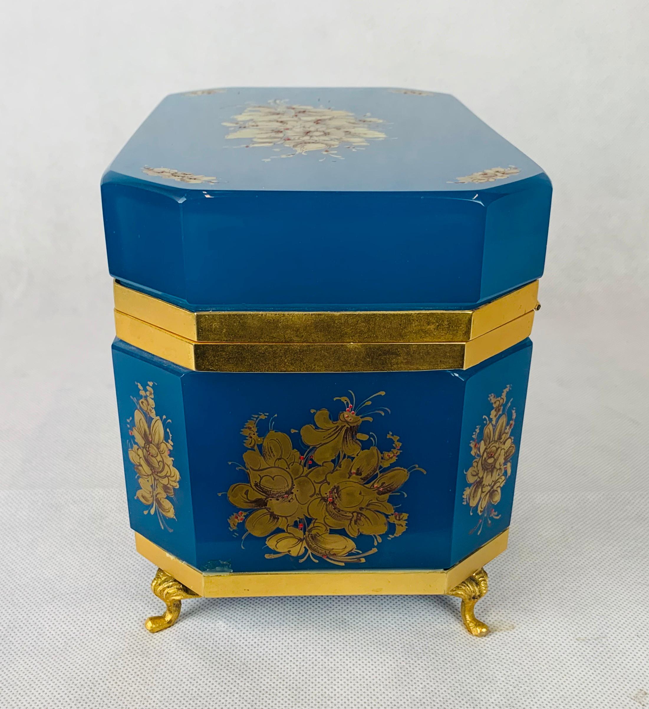 French Blue Opaline Hinged Glass Box with Gilt Frame-Hand Painted 9