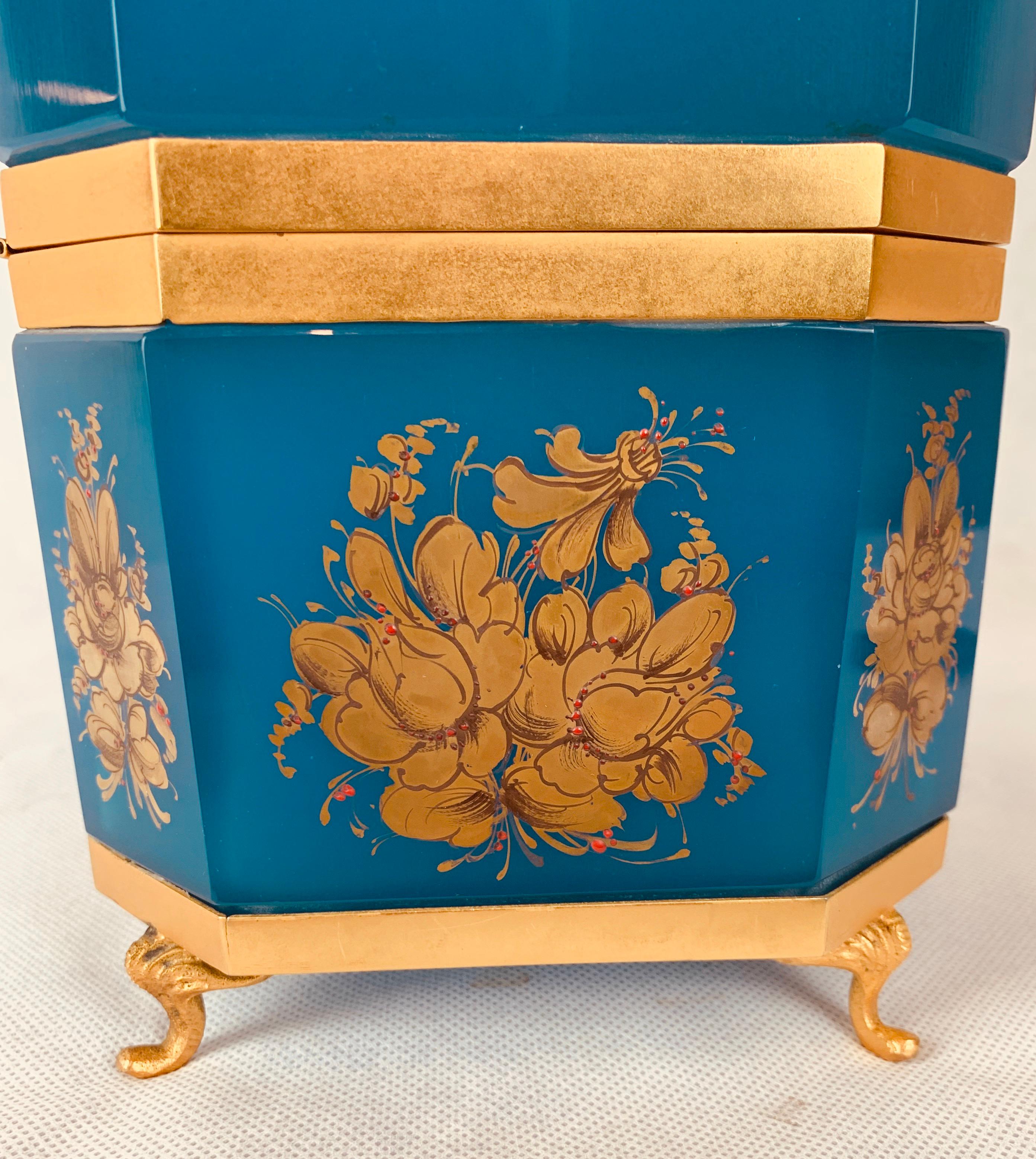 Blue Opaline Hinged Glass Box with Gilt Frame-Hand Painted 9