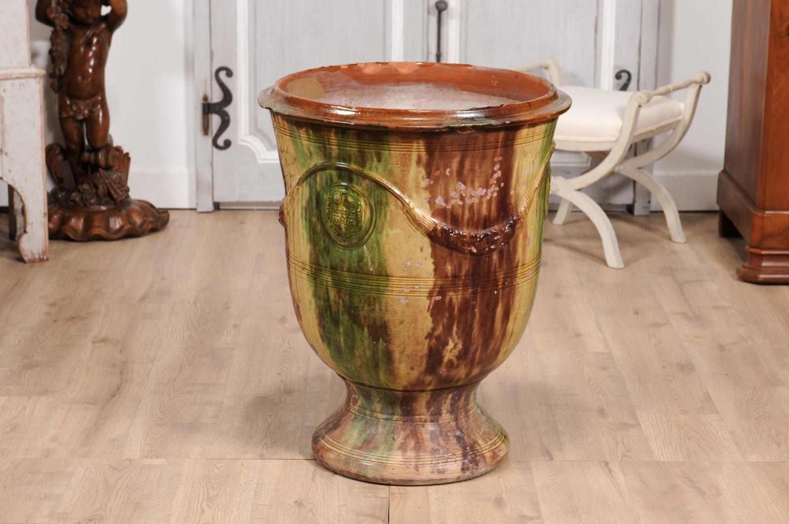 Large French Boisset Anduze Jar with Brown, Green Glaze and Swags, 21st Century For Sale 4