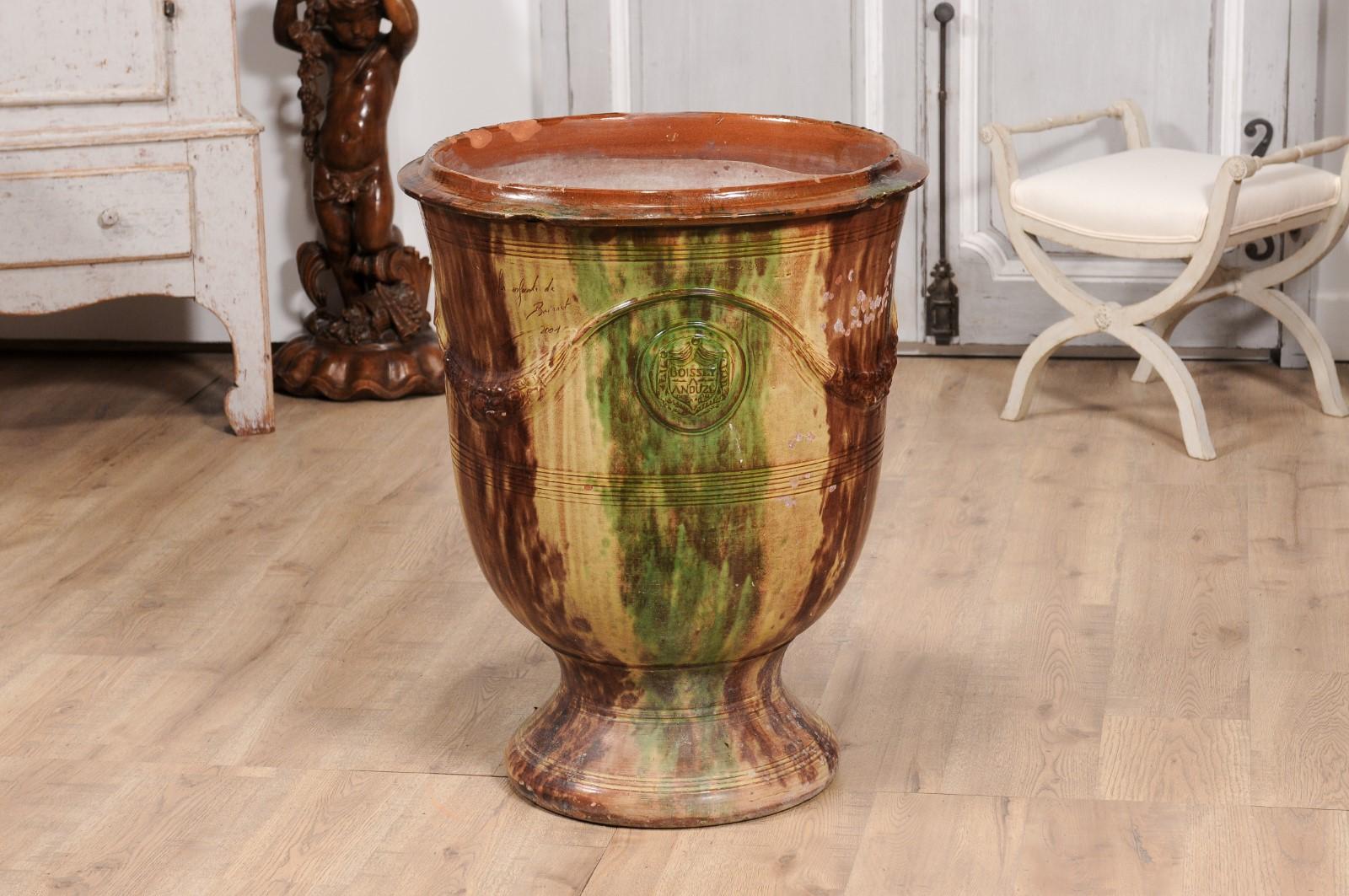 Large French Boisset Anduze Jar with Brown, Green Glaze and Swags, 21st Century For Sale 5
