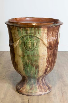 Large French Boisset Anduze Jar with Brown, Green Glaze and Swags, 21st Century