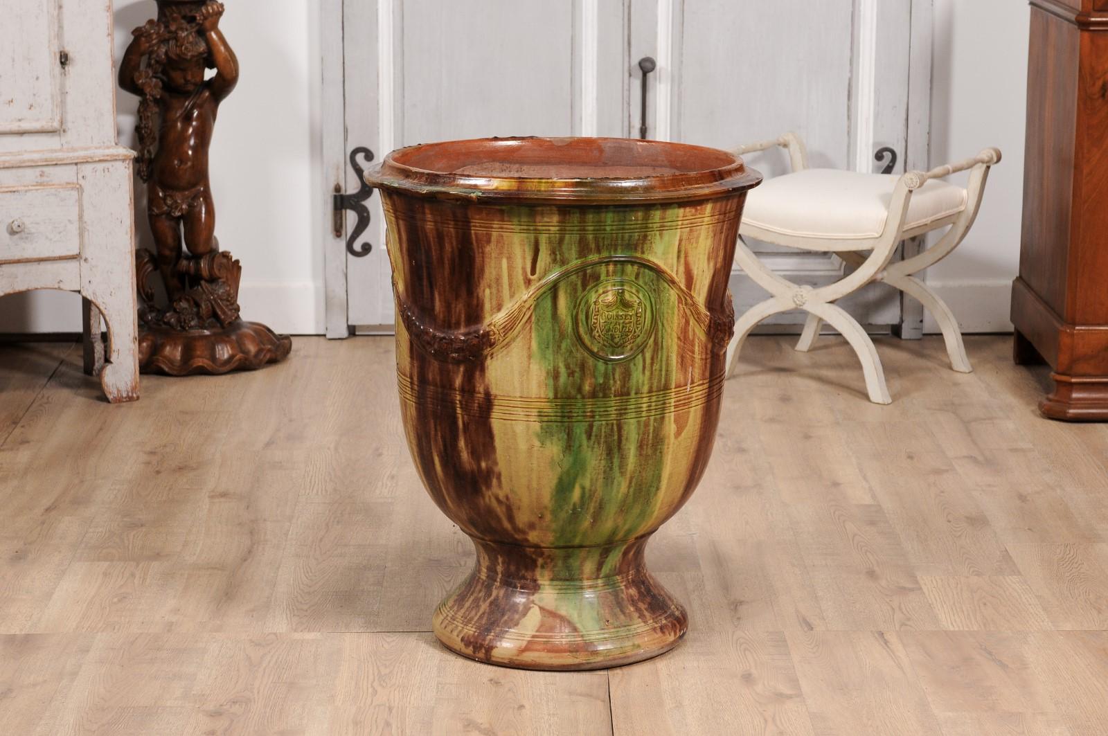 Glazed Large French Boisset Anduze Jar with Brown, Green Glaze and Swags, 21st Century For Sale
